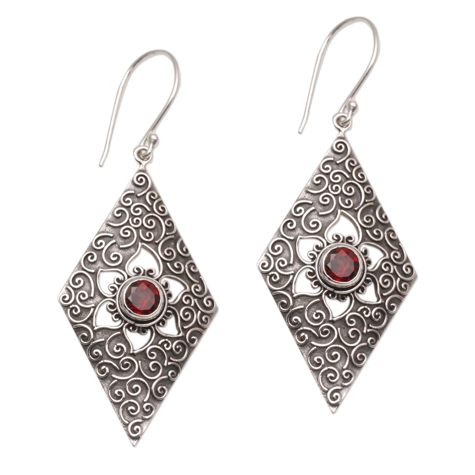 Daisy Spirals Garnet Silver Dangle Earrings - Image 4