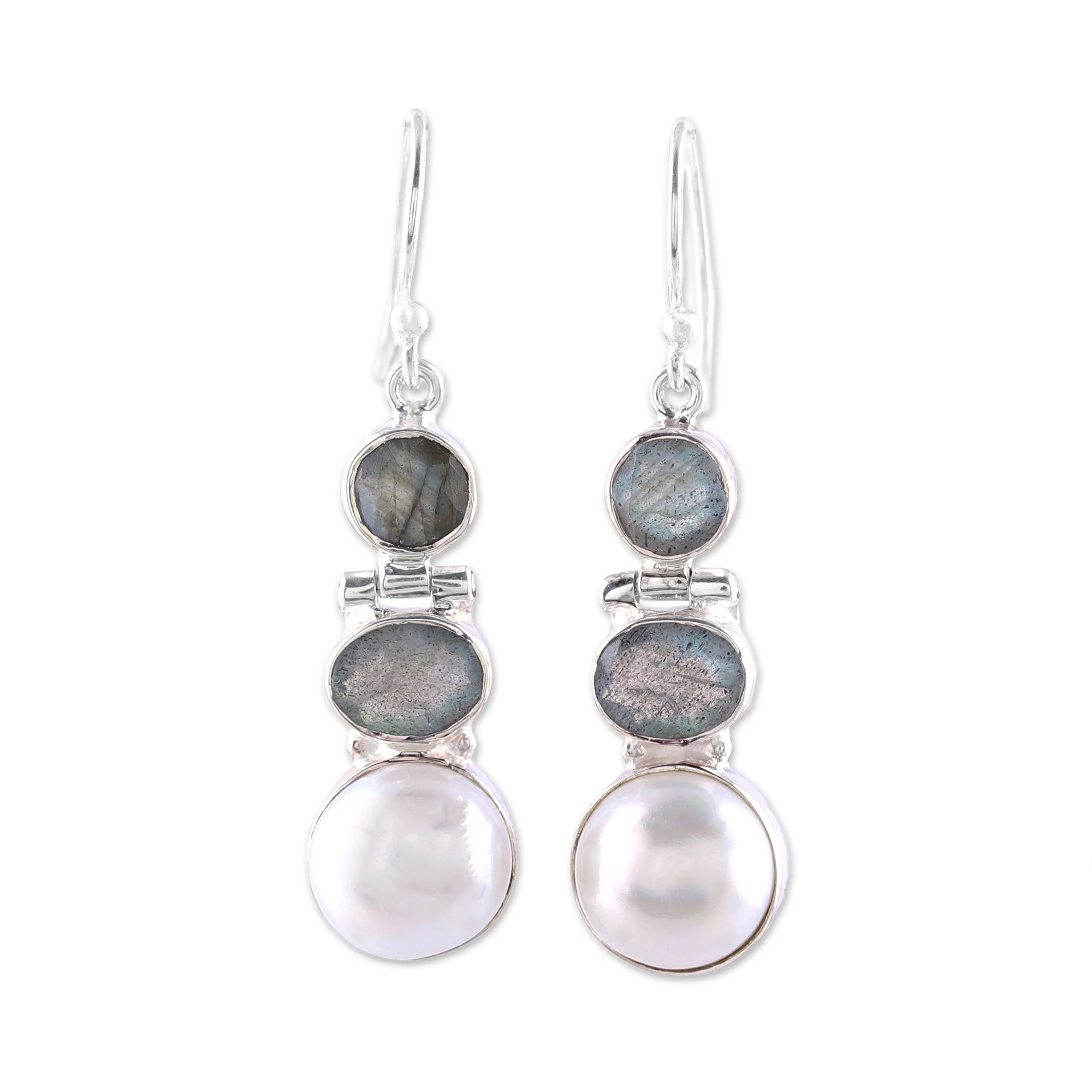 Dance in the Clouds Labradorite and Cultured Pearl Dangle Earrings from India - Image 2