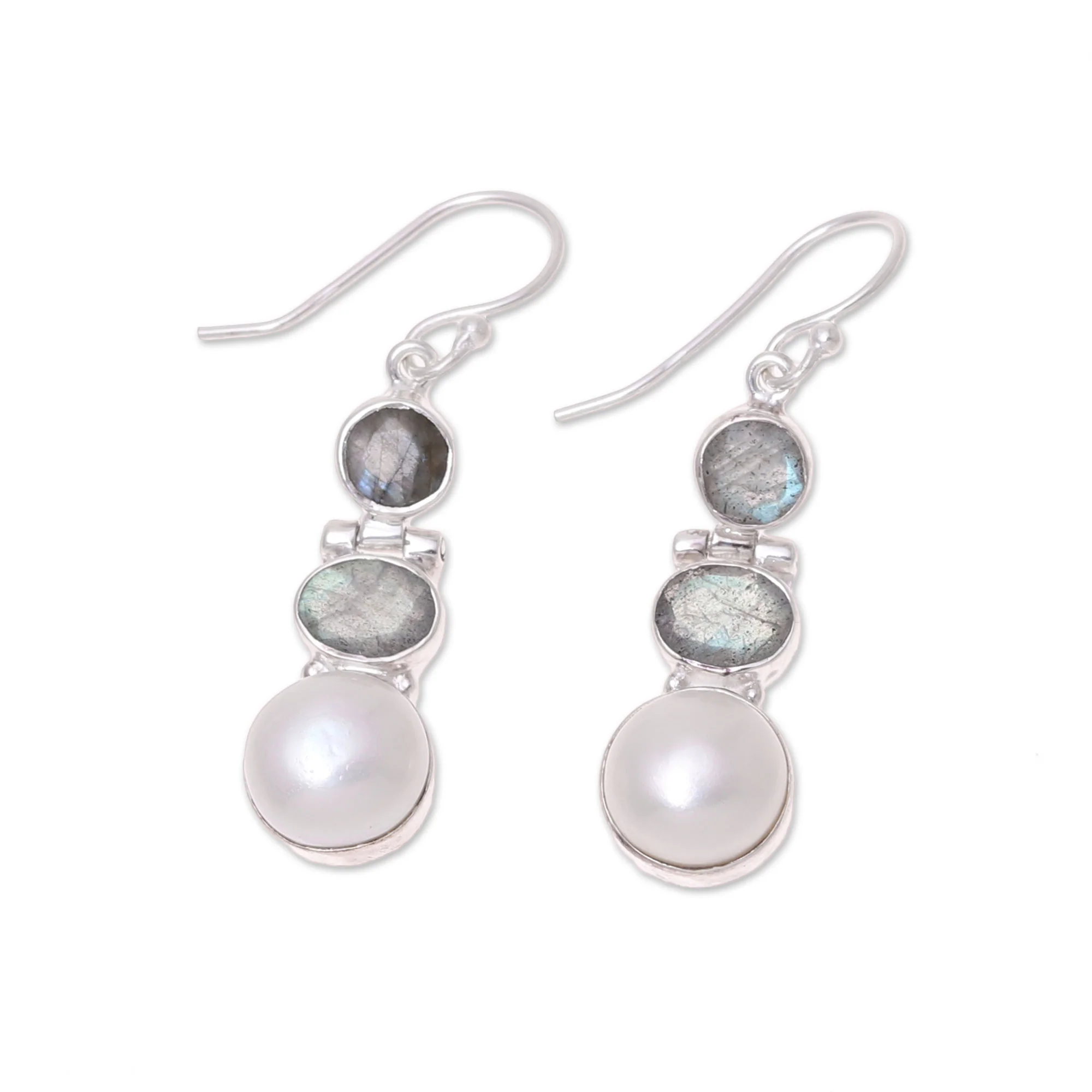 Dance in the Clouds Labradorite and Cultured Pearl Dangle Earrings from India - Image 4