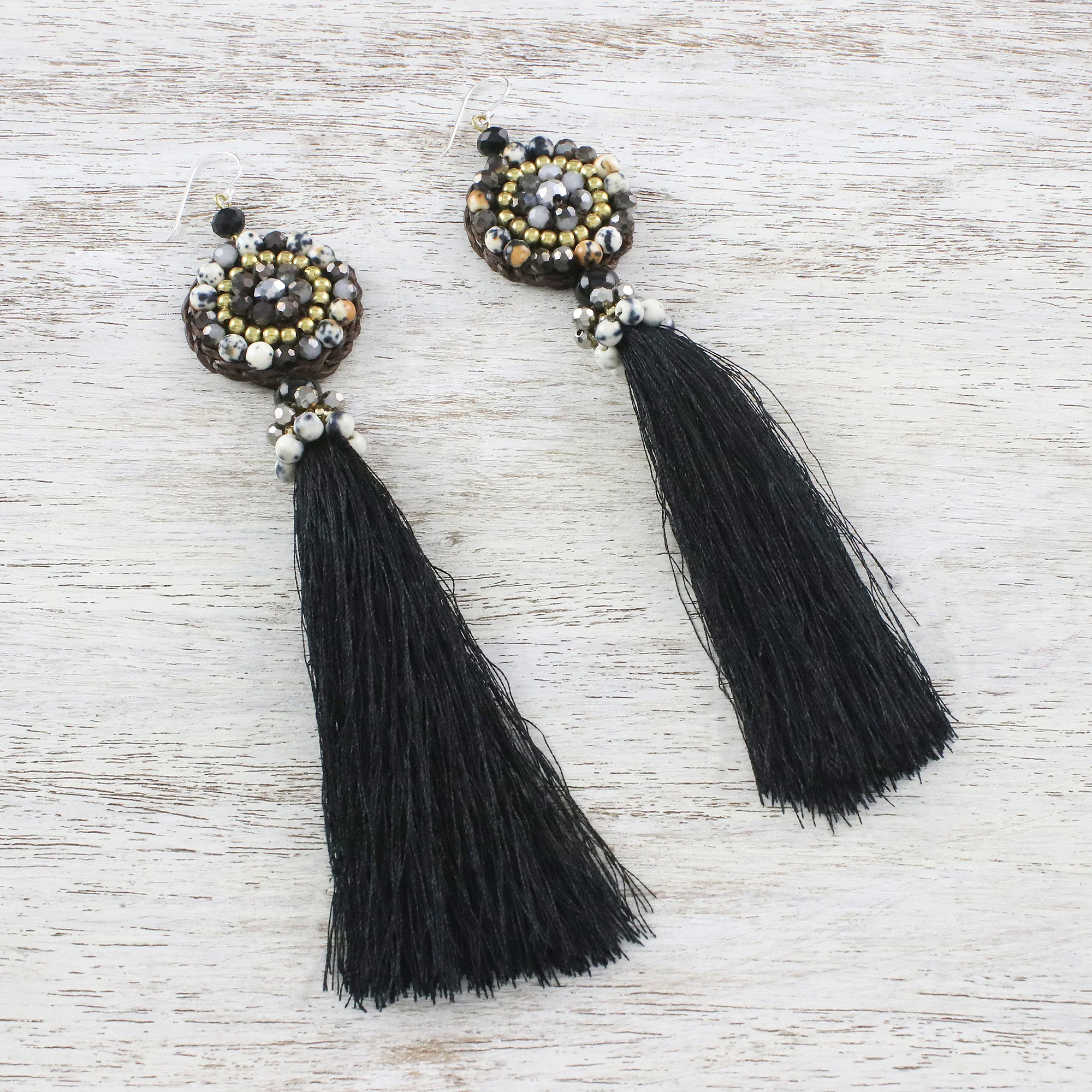 Dance With Me in Black Long Tassel Black Calcite and Glass Bead Dangle Earrings - Image 3