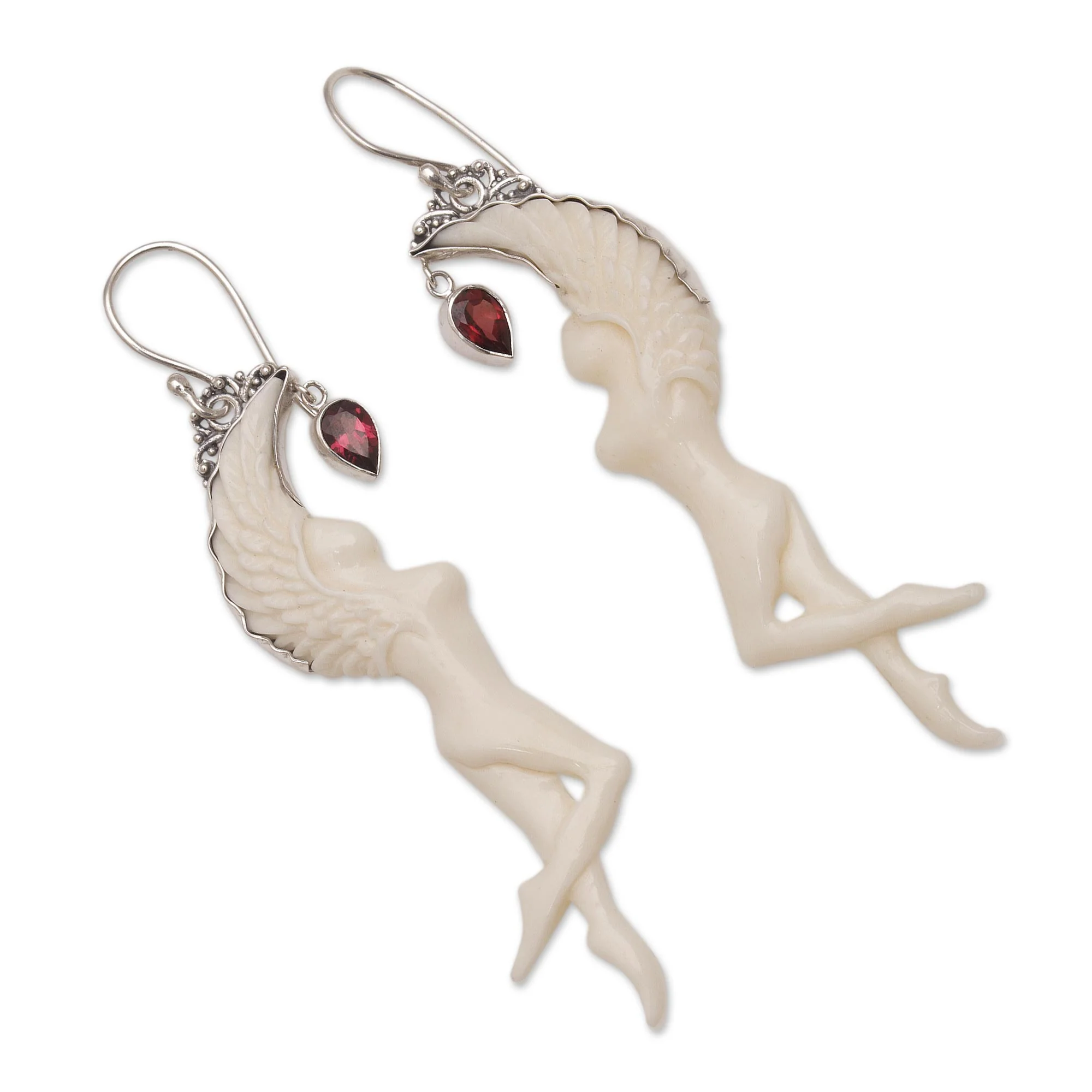 Dancing Angels Garnet Silver & Bone Dangle Earrings - Image 5