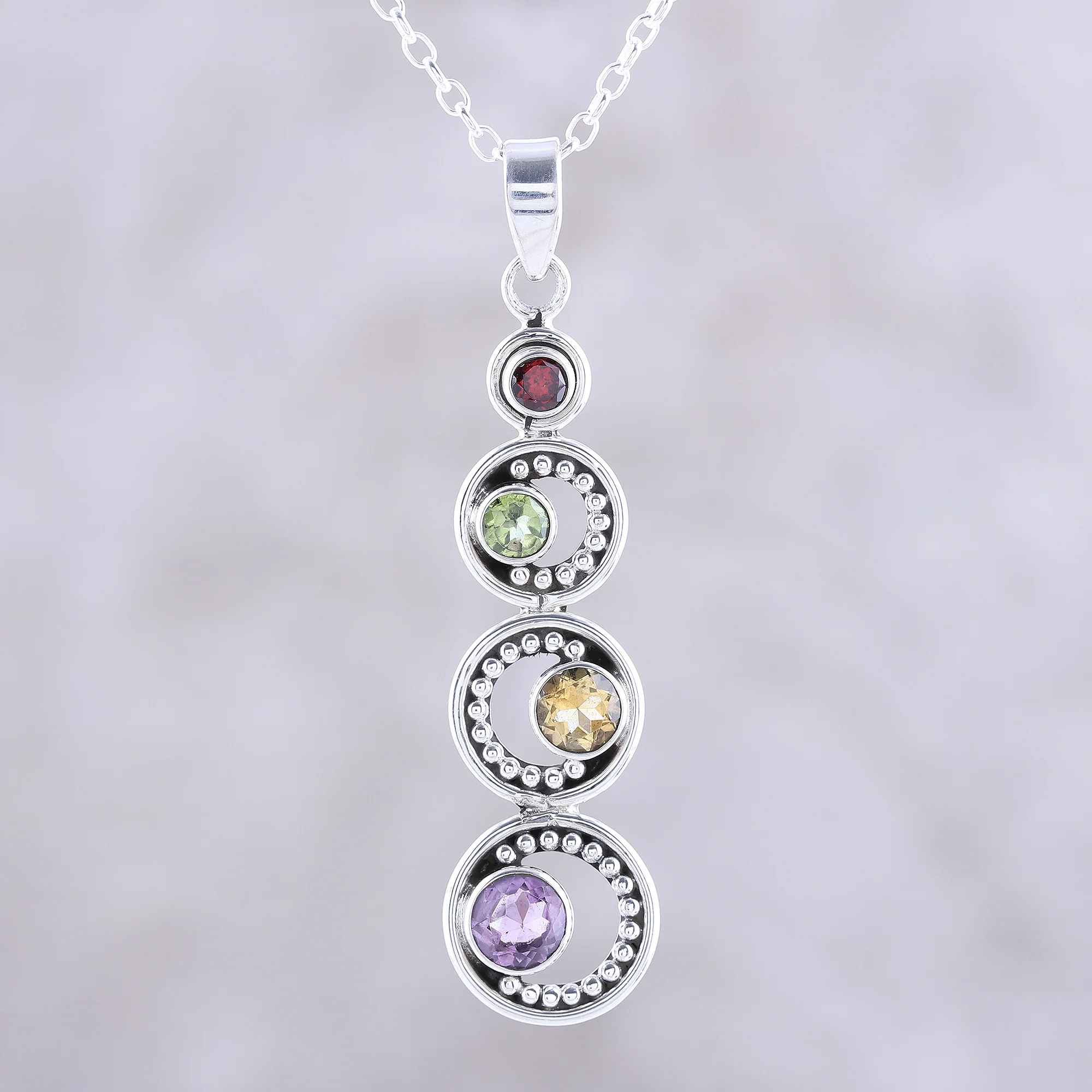 Dancing Crescents Crescent Motif Multi-Gemstone Pendant Necklace from India