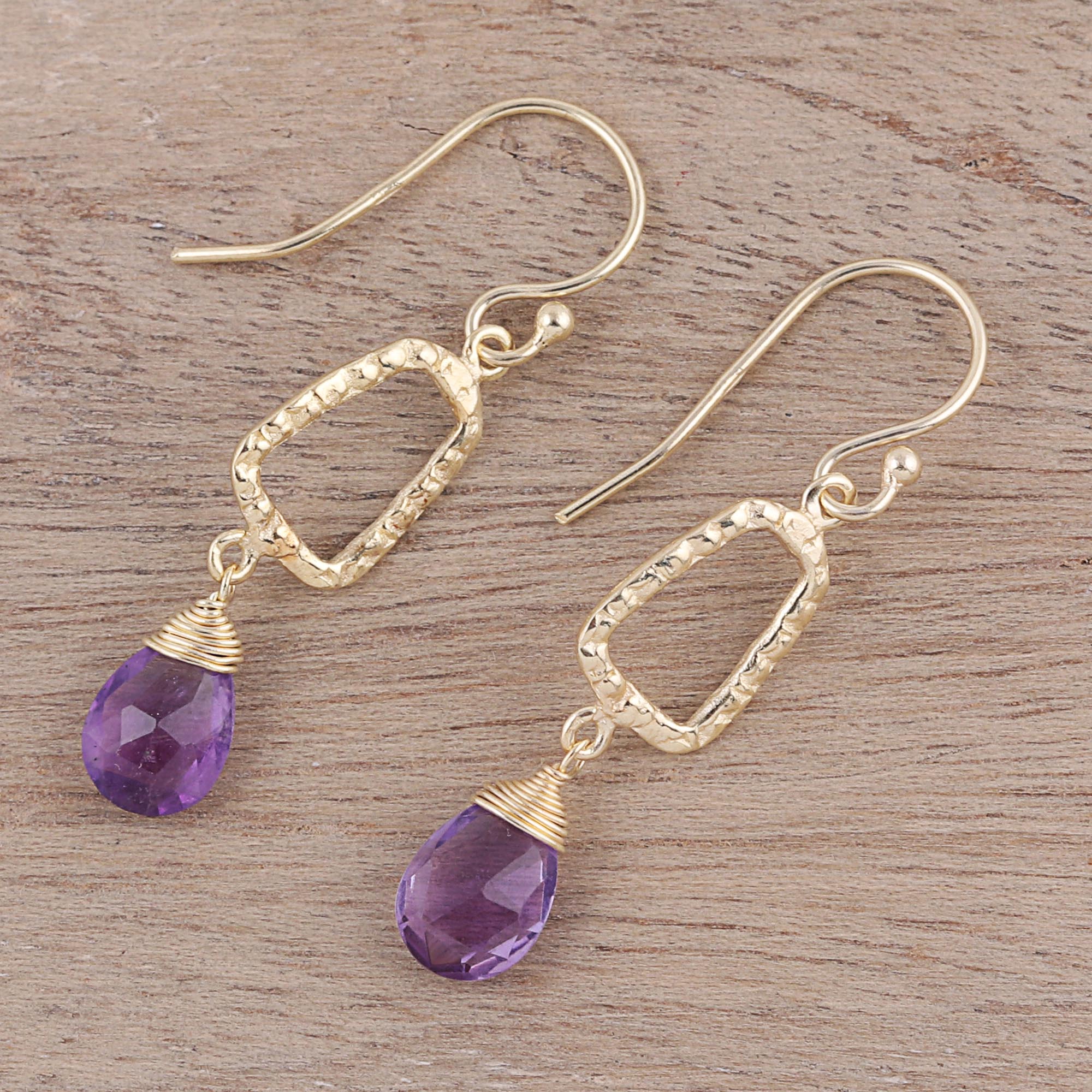 Dancing Frames 18k Gold Plated Amethyst Dangle Earrings from India - Image 3