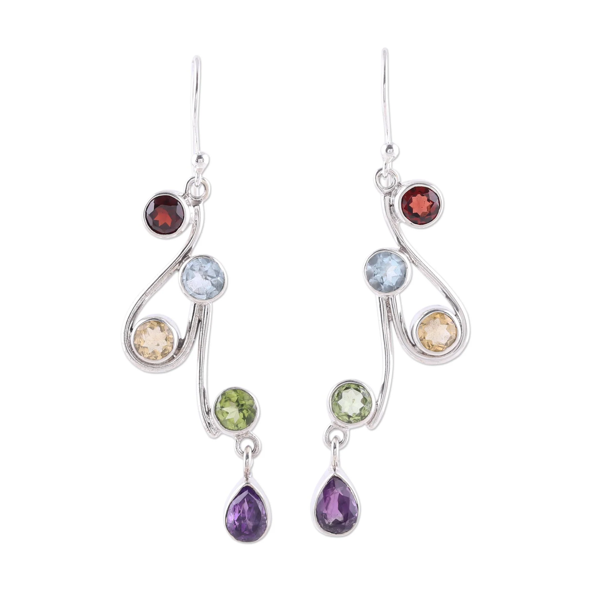 Dancing Rainbow Multi-Gemstone and Scrolling Sterling Silver Dangle Earrings - Image 2