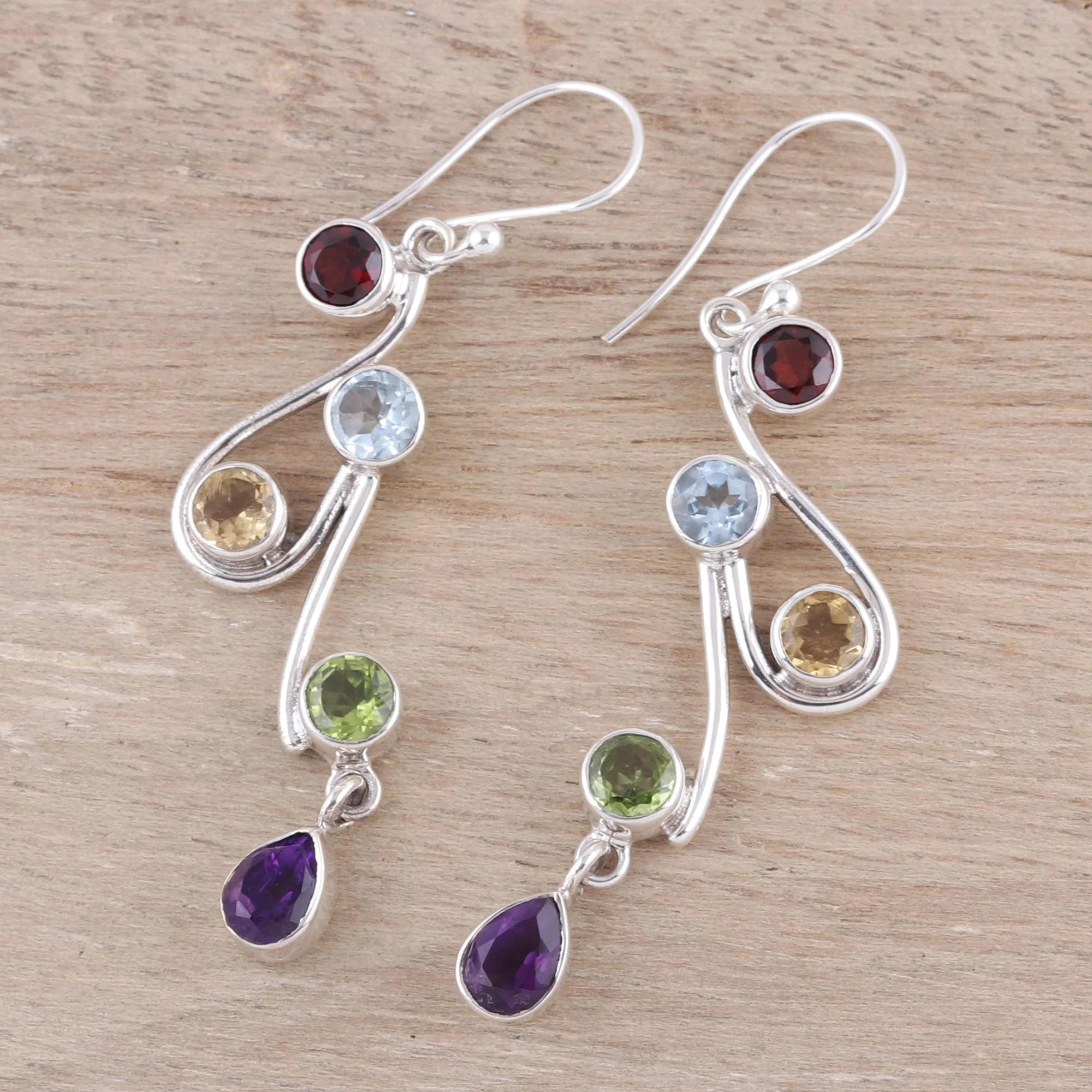 Dancing Rainbow Multi-Gemstone and Scrolling Sterling Silver Dangle Earrings - Image 3