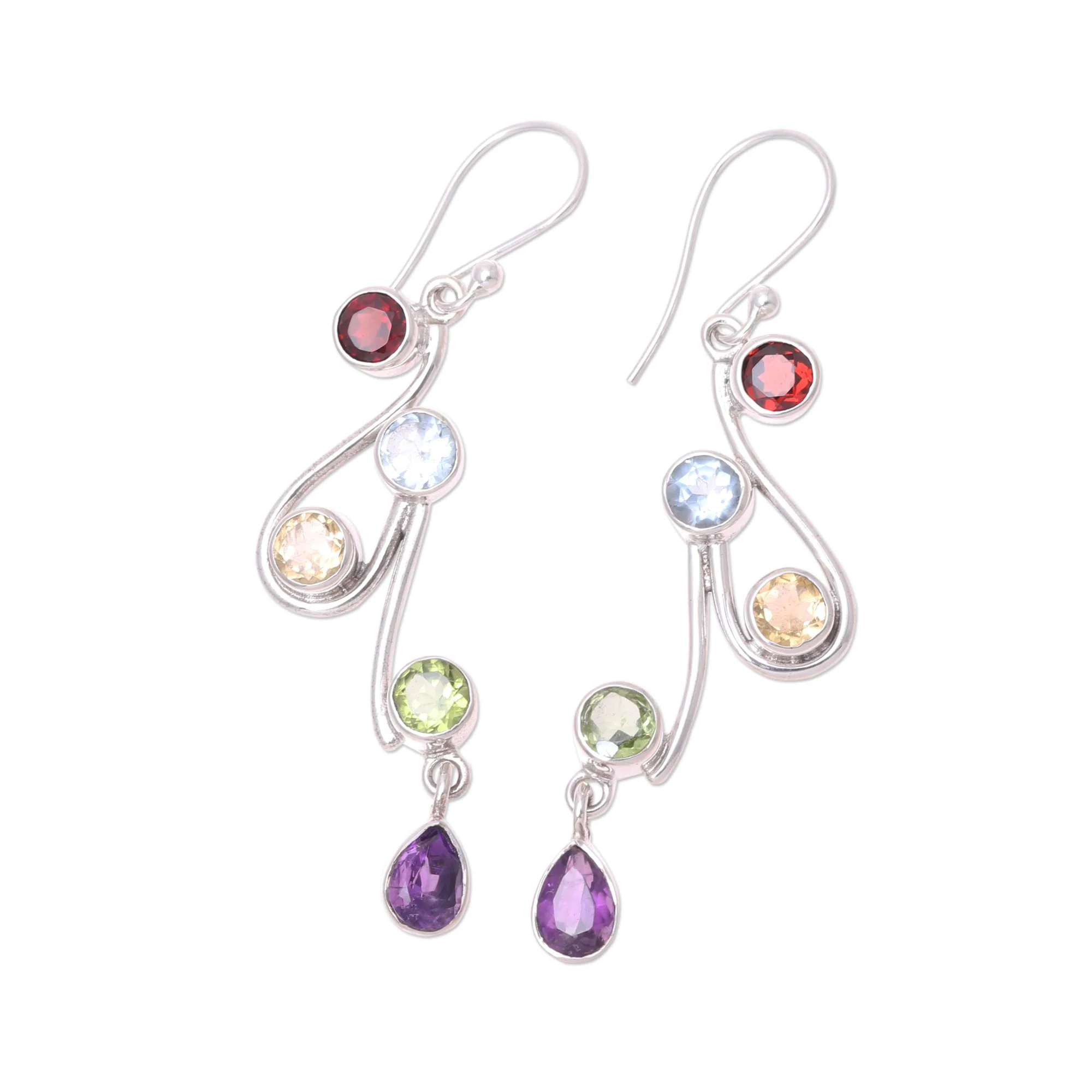 Dancing Rainbow Multi-Gemstone and Scrolling Sterling Silver Dangle Earrings - Image 4
