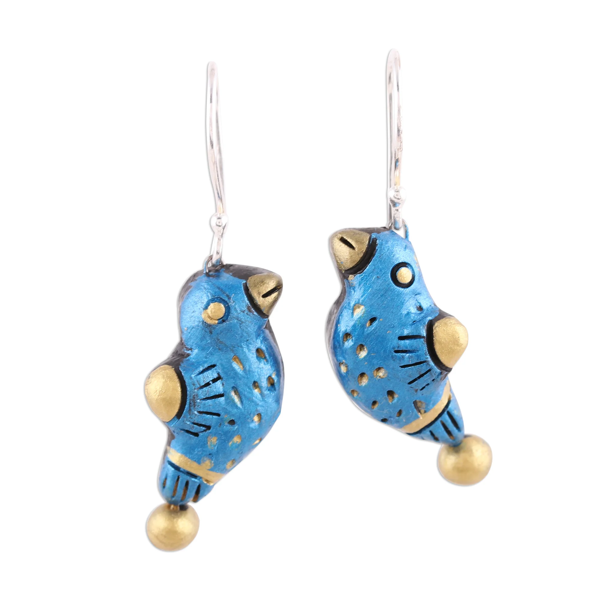 Dancing Sparrow Hand Crafted Terracotta Blue Bird Earrings from India - Image 2
