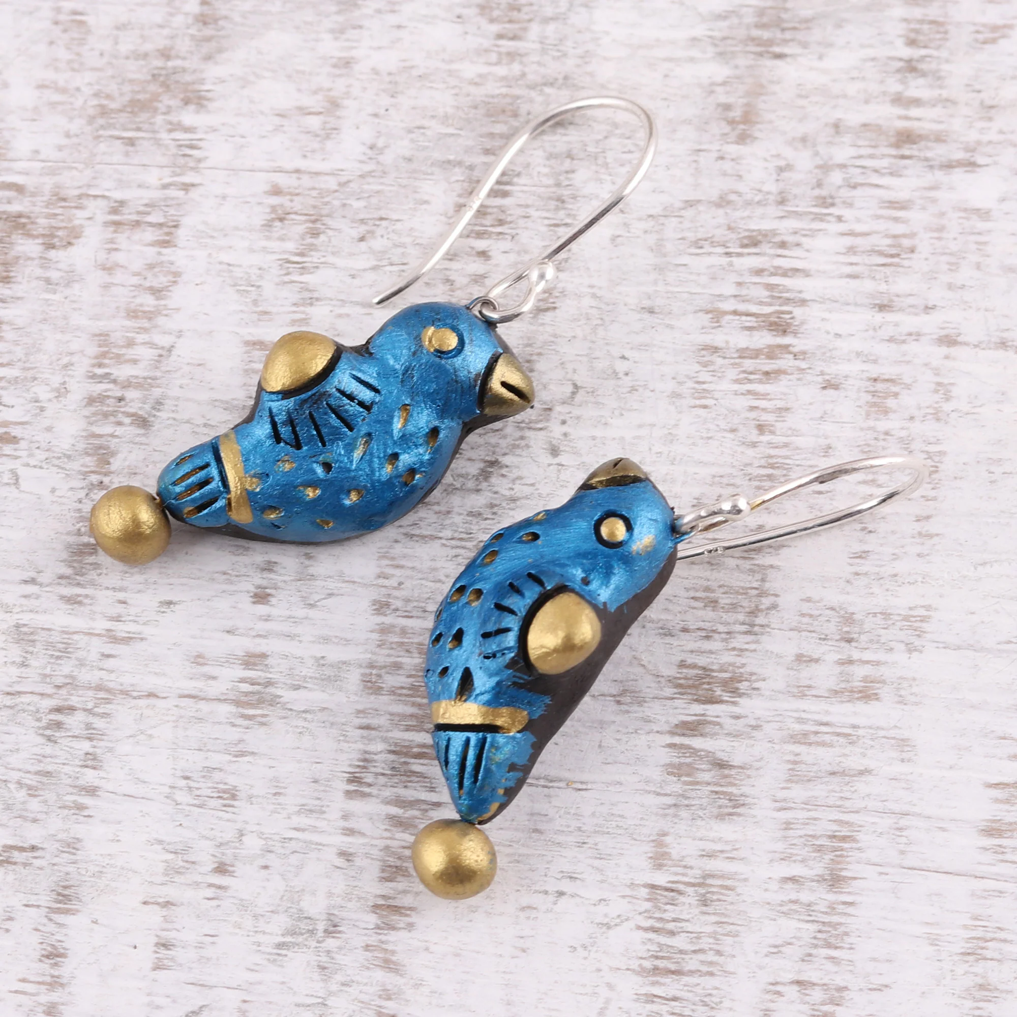 Dancing Sparrow Hand Crafted Terracotta Blue Bird Earrings from India - Image 3