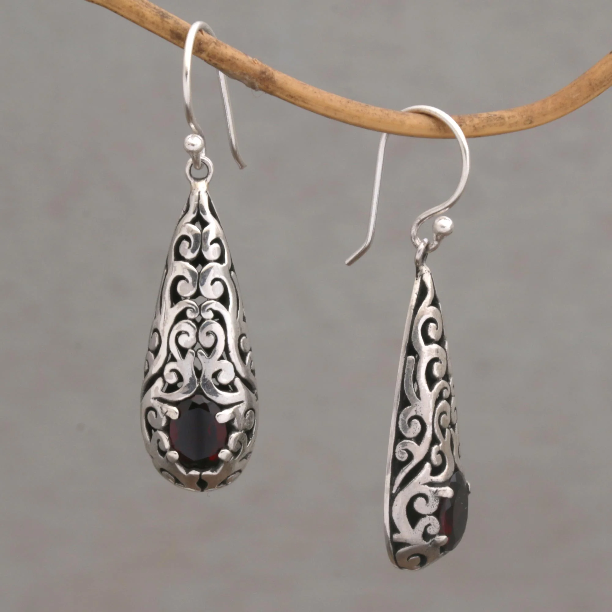Dangling Vines Handcrafted Garnet and Sterling Silver Dangle Earrings - Image 3