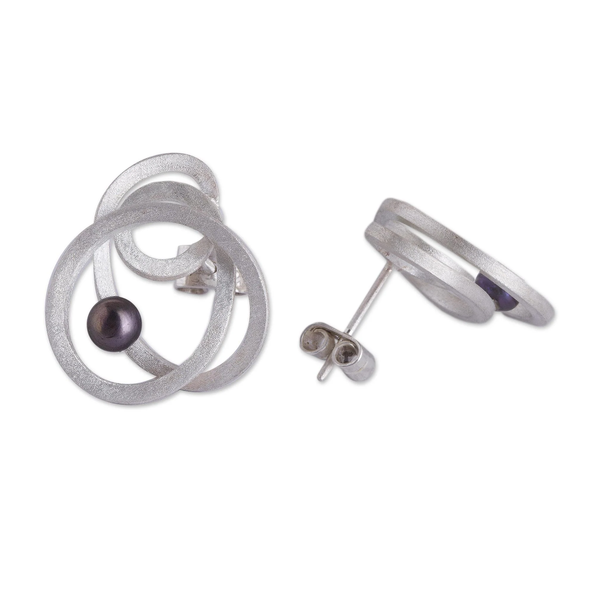 Dark Amazon Nest Modern Silver Earrings with Dark Grey Cultured Pearls - Image 4