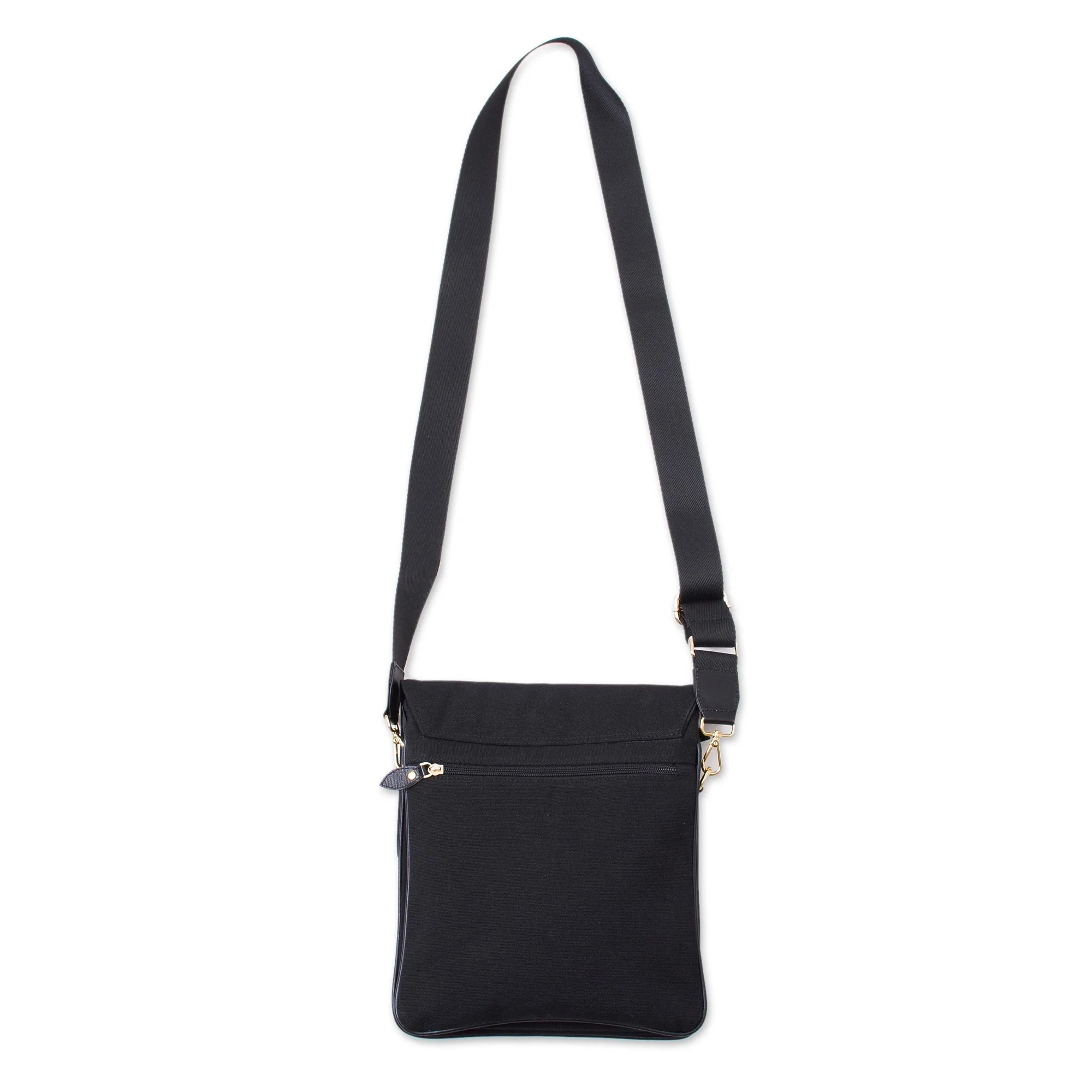 Dark and Elegant Leather Accent Cotton Handbag in Black from Peru - Image 4