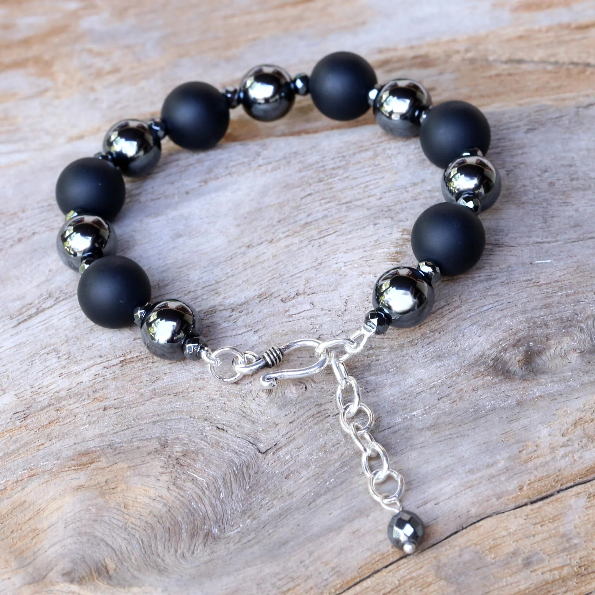Dark Cosmos Onyx and Hematite Beaded Bracelet by Thai Artisans - Image 4
