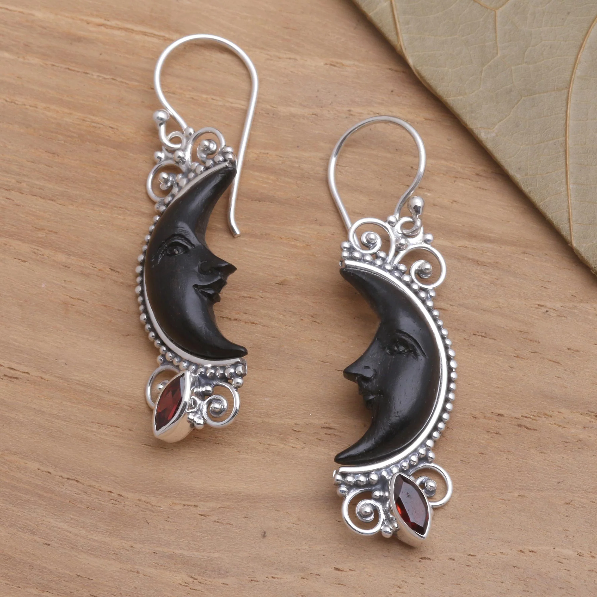 Dark Crescent Moon Silver and Garnet Moon Earrings with Water Buffalo Horn - Image 3