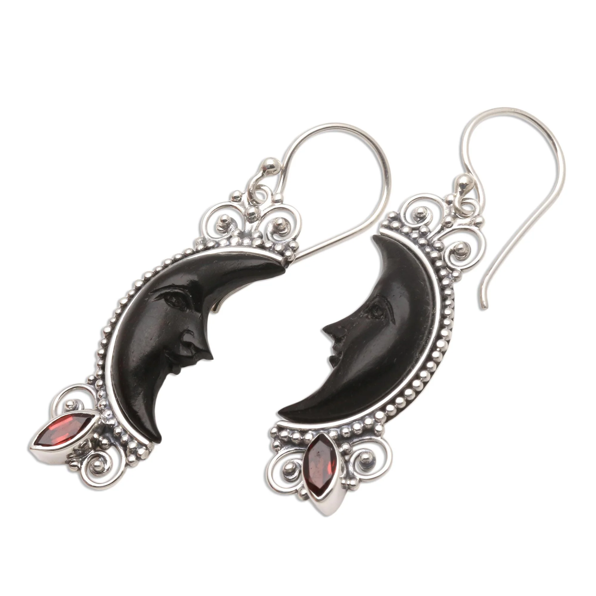 Dark Crescent Moon Silver and Garnet Moon Earrings with Water Buffalo Horn - Image 4