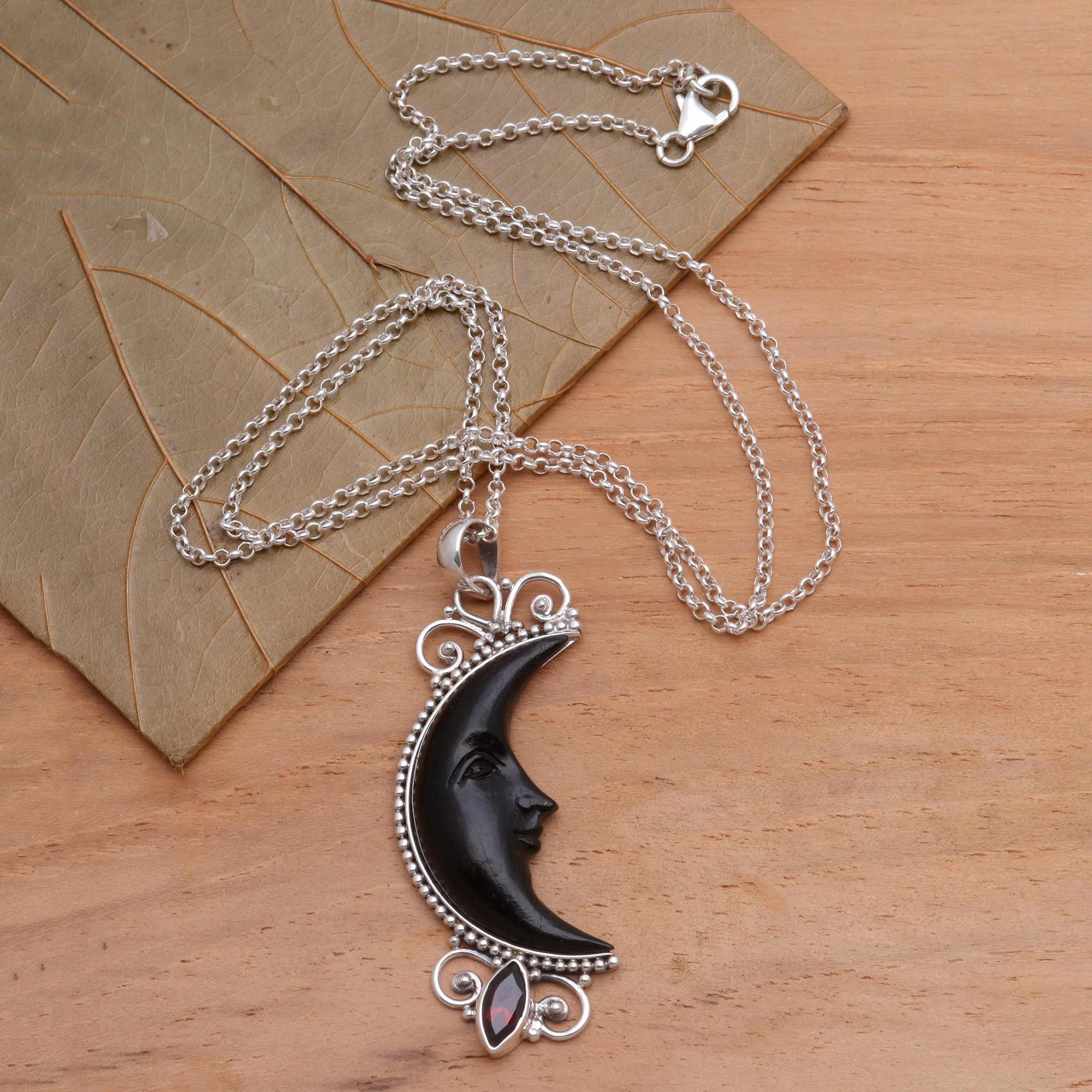 Dark Crescent Moon Silver and Garnet Moon Necklace with Water Buffalo Horn - Image 3