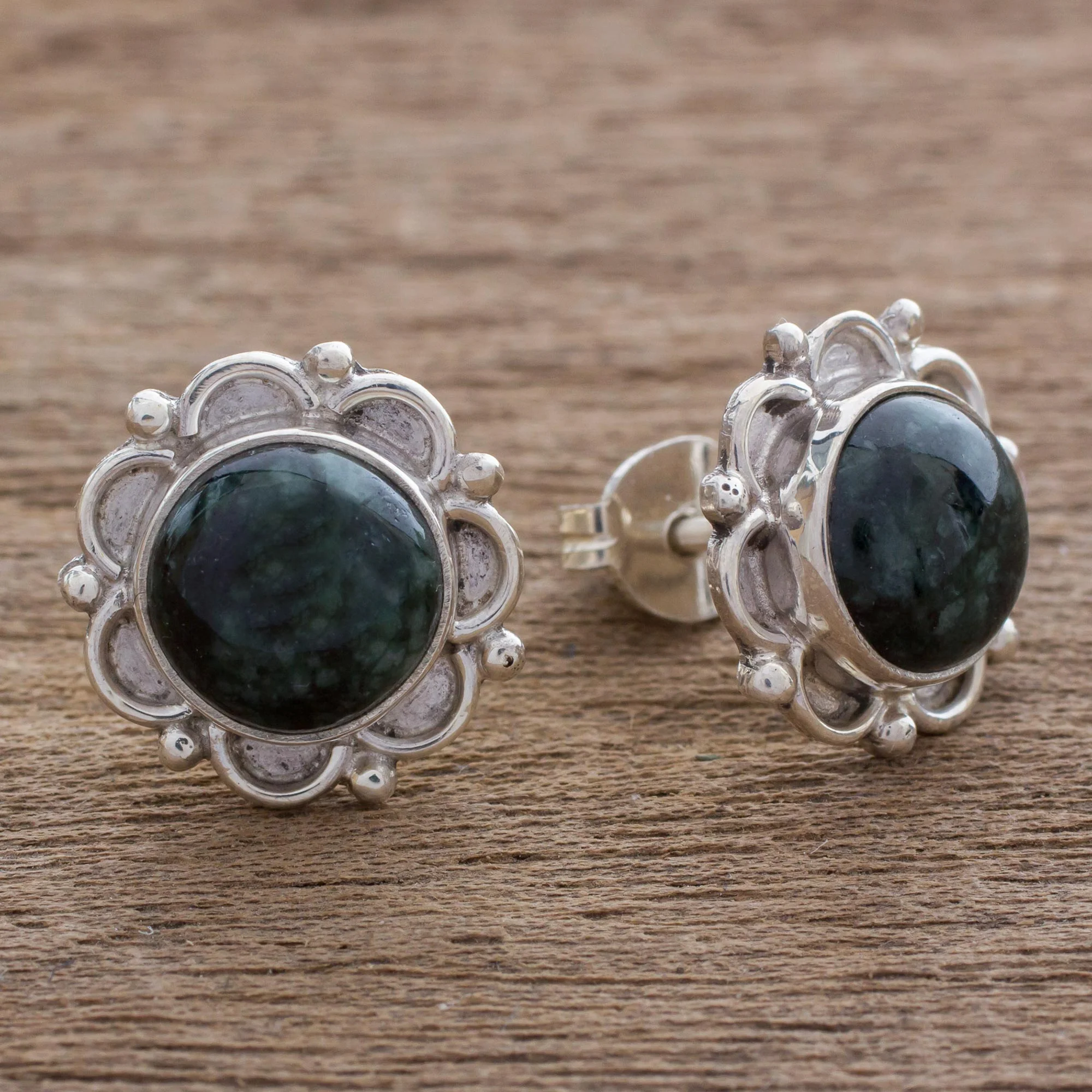 Dark Forest Princess Sterling Silver Floral Button Earrings with Dark Green Jade - Image 3