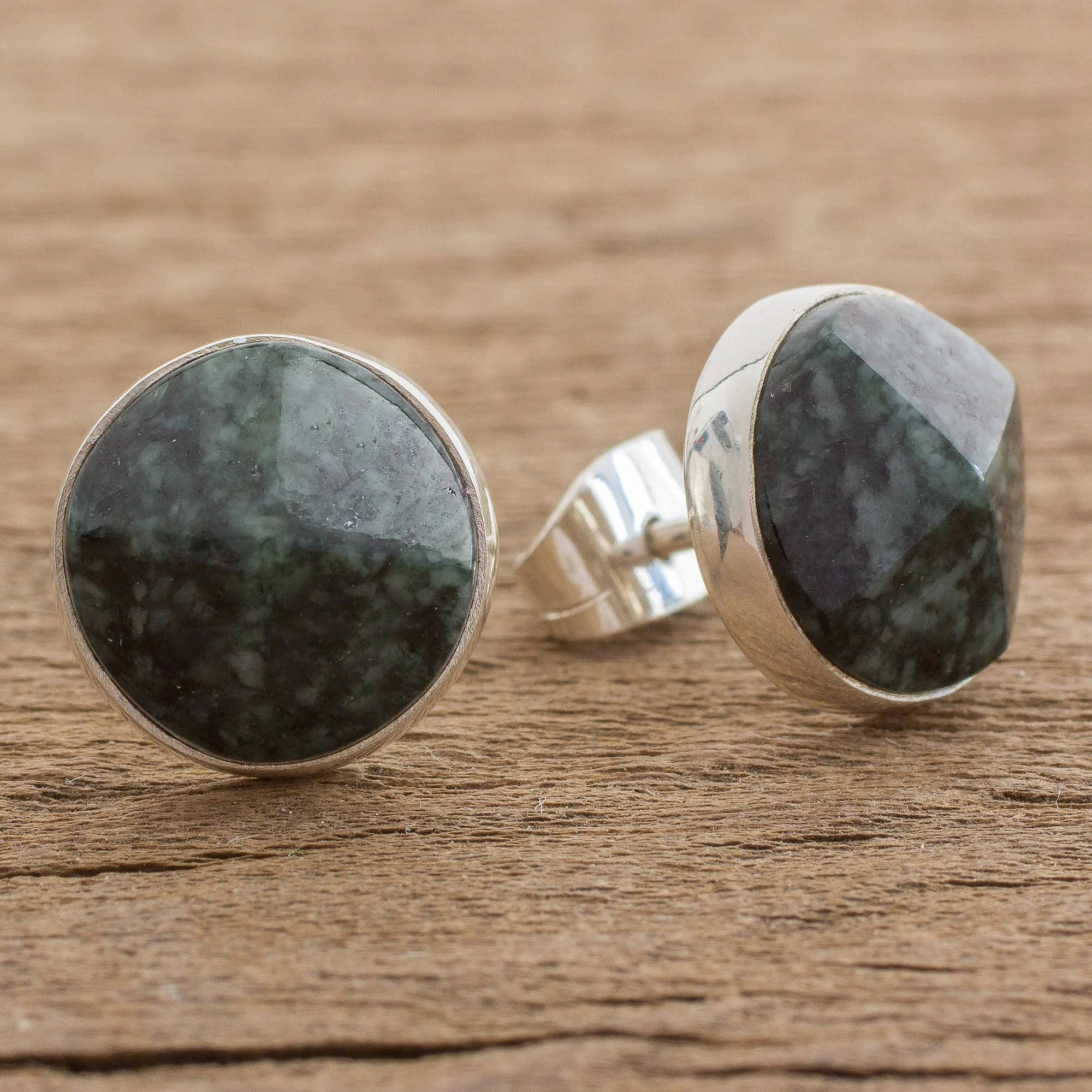 Dark Green Faceted Circles Dark Green Jade Stud Earrings from Guatemala - Image 3
