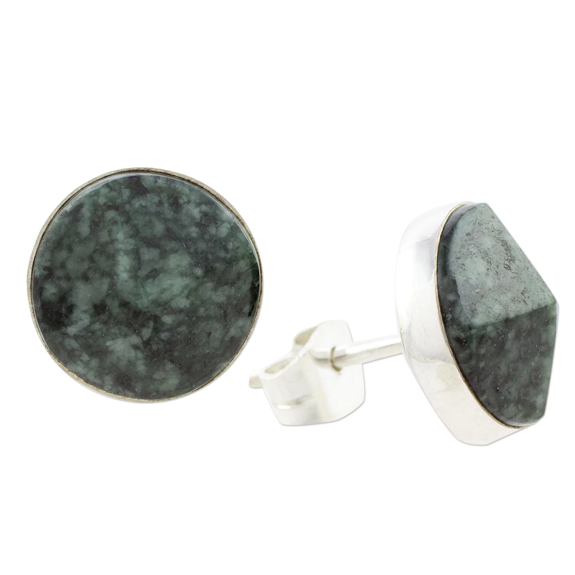 Dark Green Faceted Circles Dark Green Jade Stud Earrings from Guatemala - Image 4