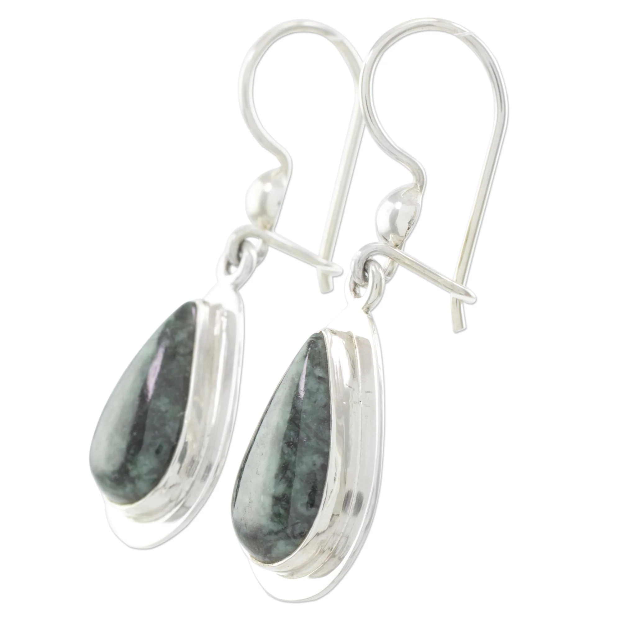 Dark Green Halo Polished Sterling Earrings with Dark Green Maya Jade - Image 3