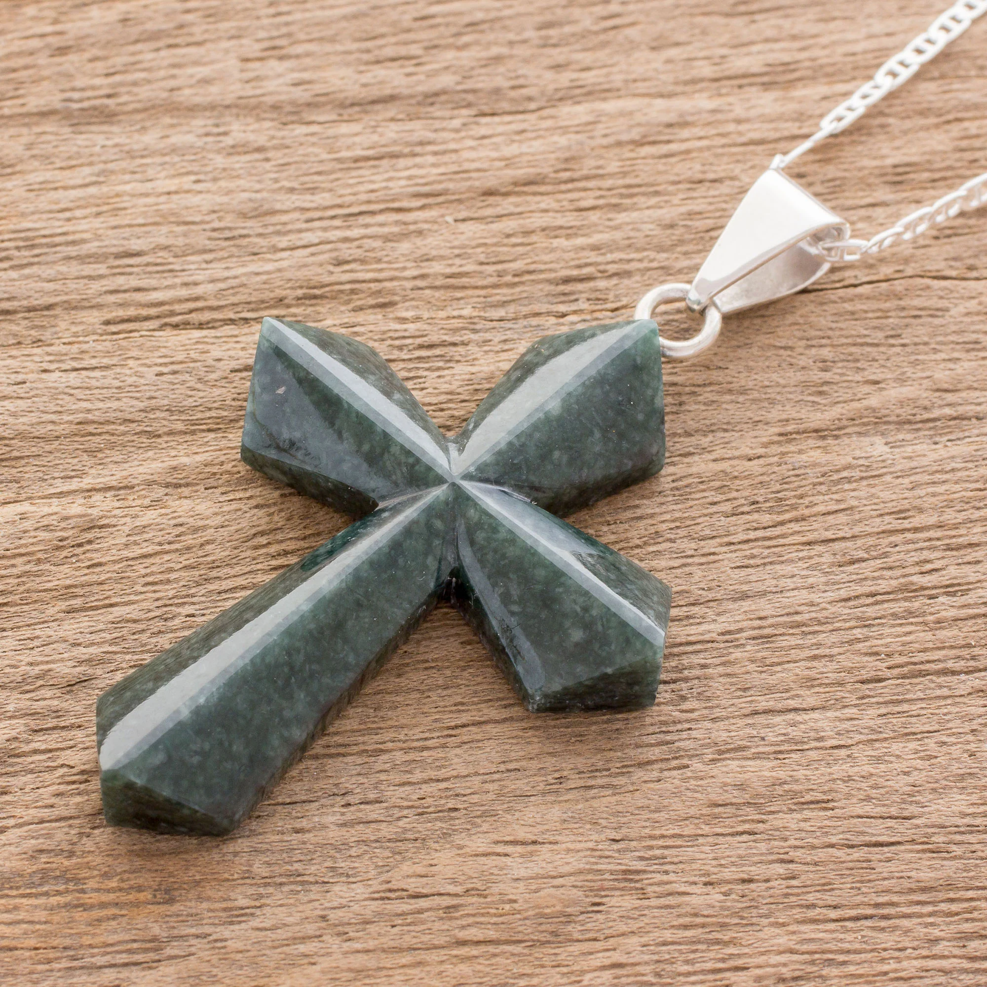 Dark Green Sacrifice of Love Jade Cross Necklace in Dark Green from Guatemala - Image 3