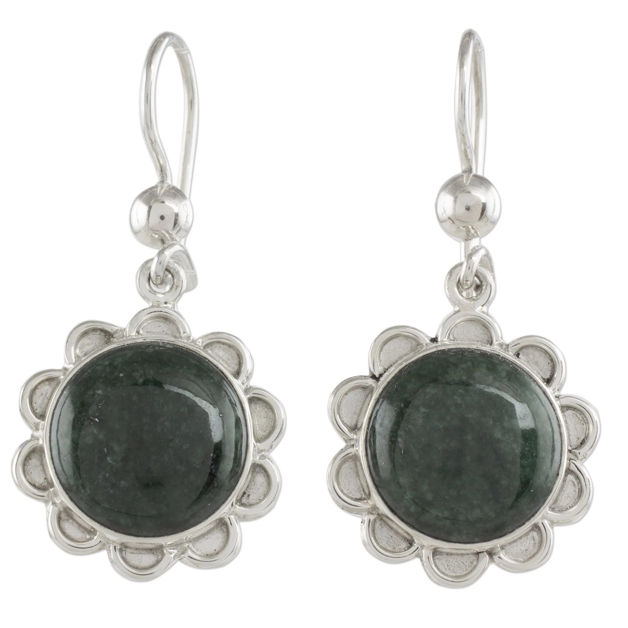 Dark Green Solar Flower Dark Green Jade Dangle Earrings from Guatemala - Image 2