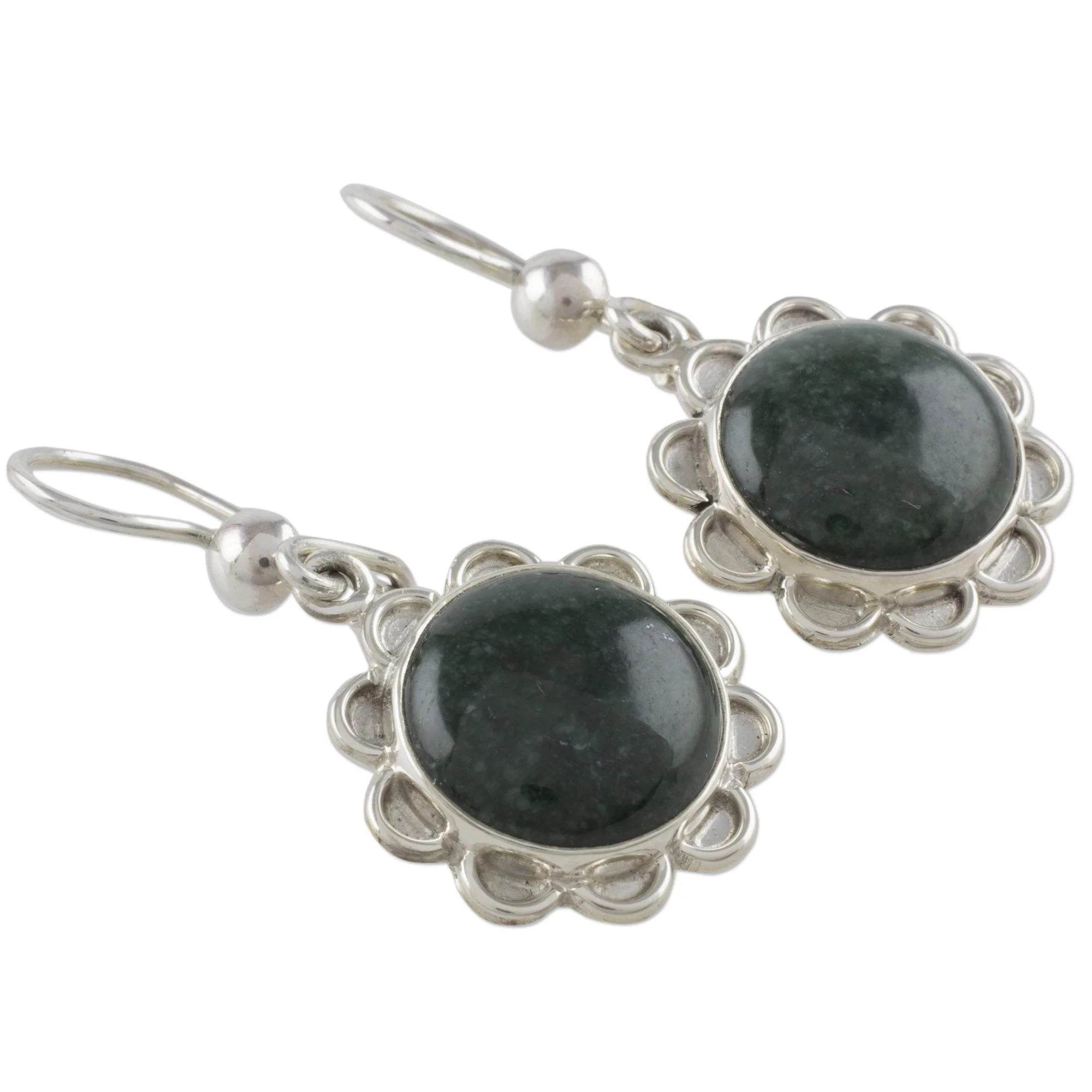 Dark Green Solar Flower Dark Green Jade Dangle Earrings from Guatemala - Image 4