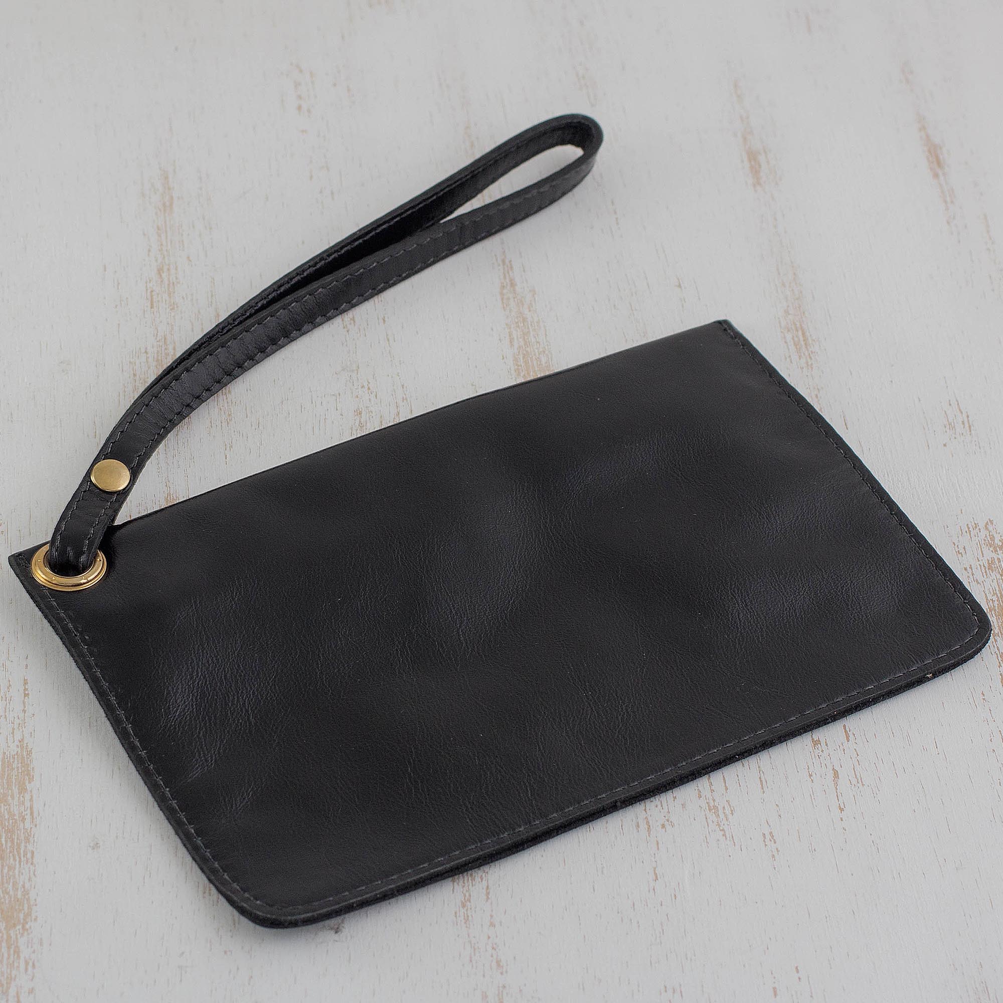 Dark Sophistication Handcrafted Black Leather Wristlet from Brazil - Image 3