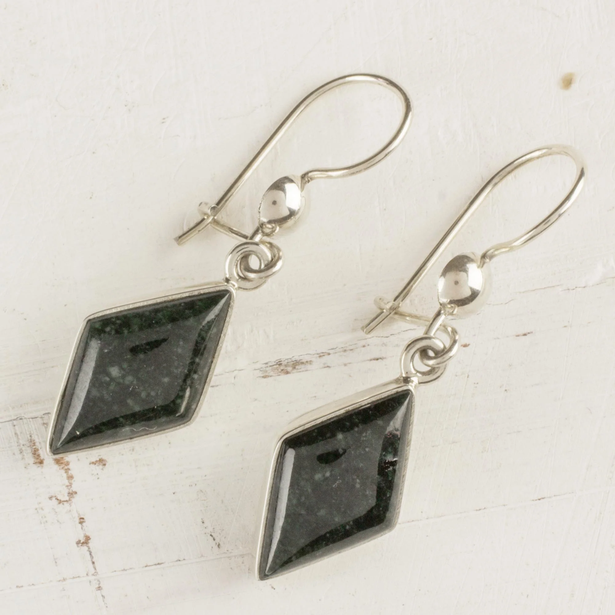 Dark Verdant Diamond Very Dark Green Jade and Sterling Silver Dangle Earrings - Image 3