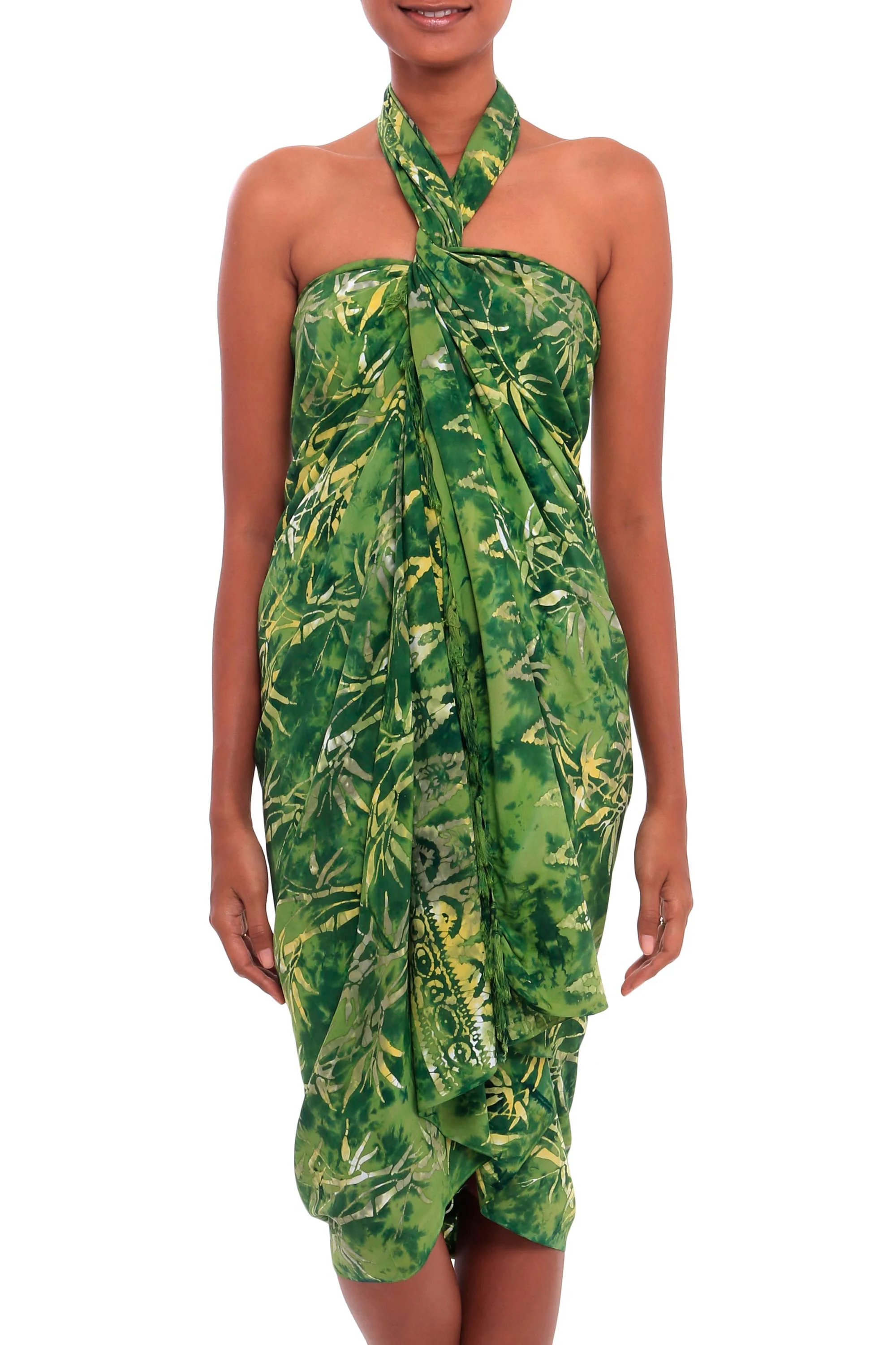 Dawning Mystery in Green Leaf Motif Batik Rayon Sarong in Green from Bali - Image 2
