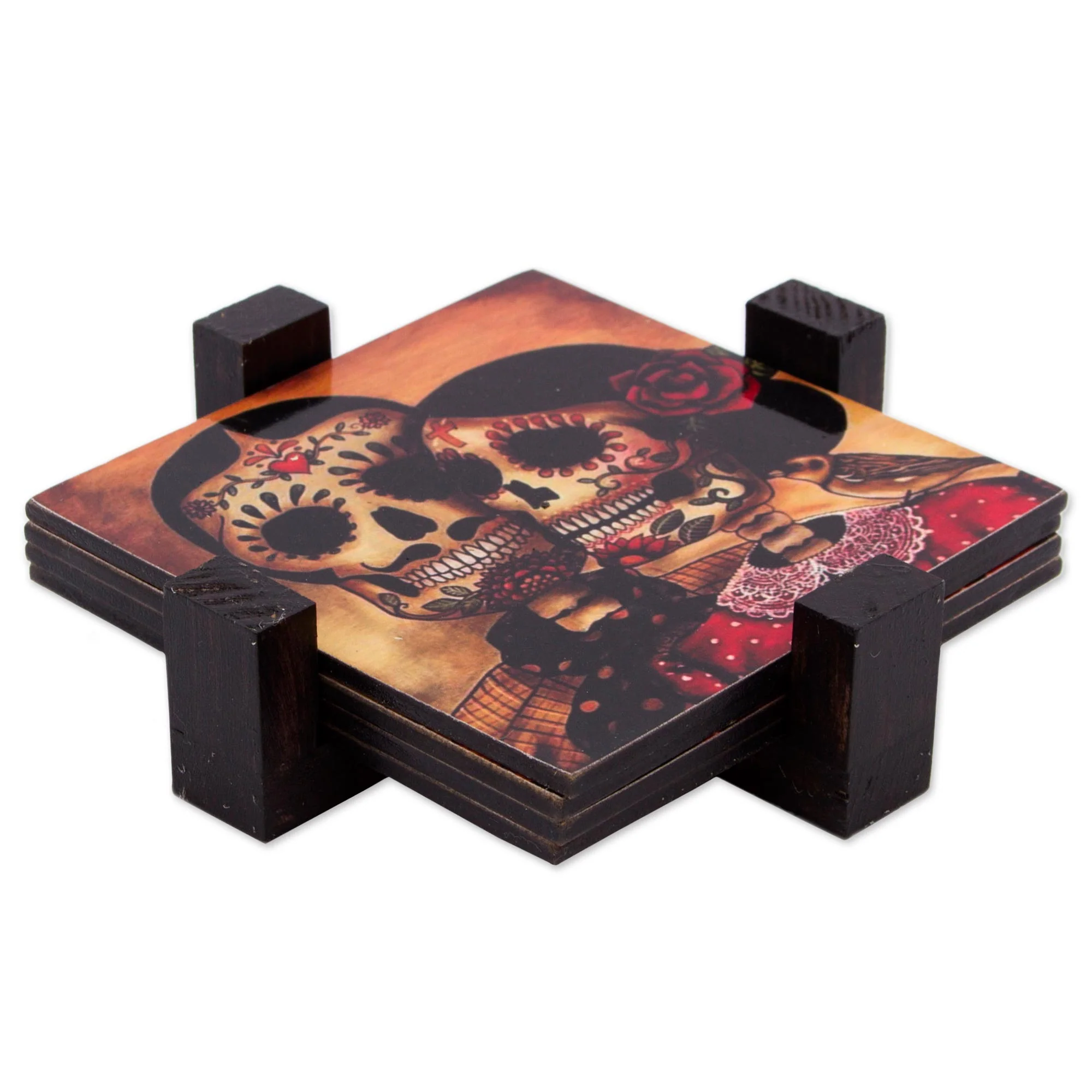 Day of the Dead Romance Set of 4 Decoupage Coasters with Day of the Dead Theme - Image 2