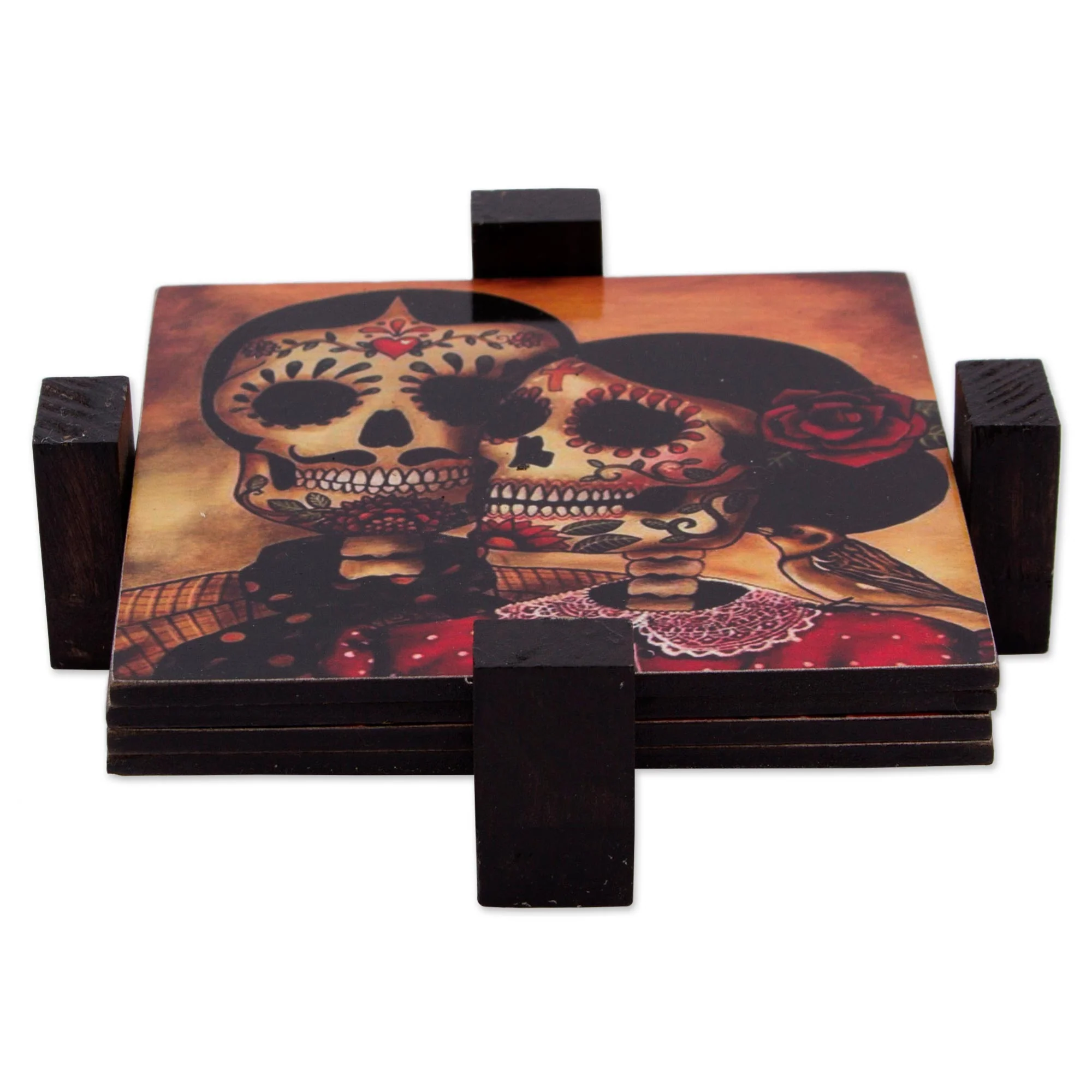 Day of the Dead Romance Set of 4 Decoupage Coasters with Day of the Dead Theme - Image 3