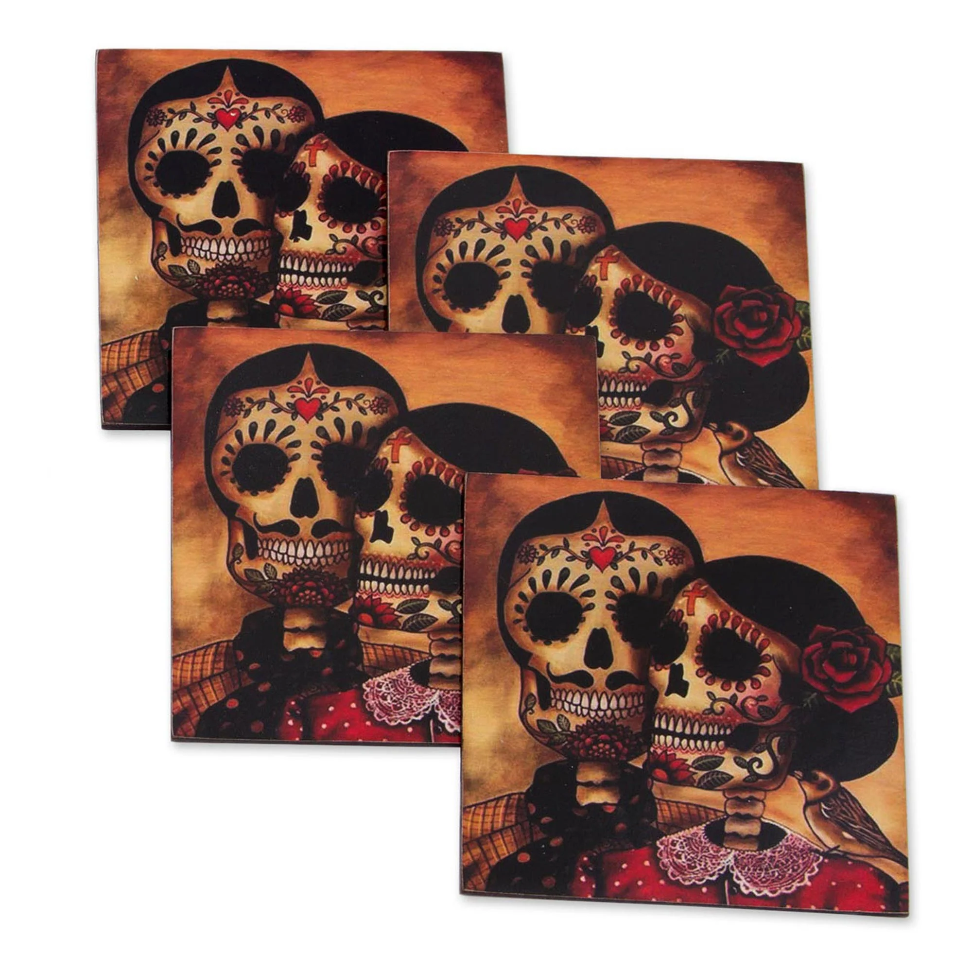 Day of the Dead Romance Set of 4 Decoupage Coasters with Day of the Dead Theme - Image 4