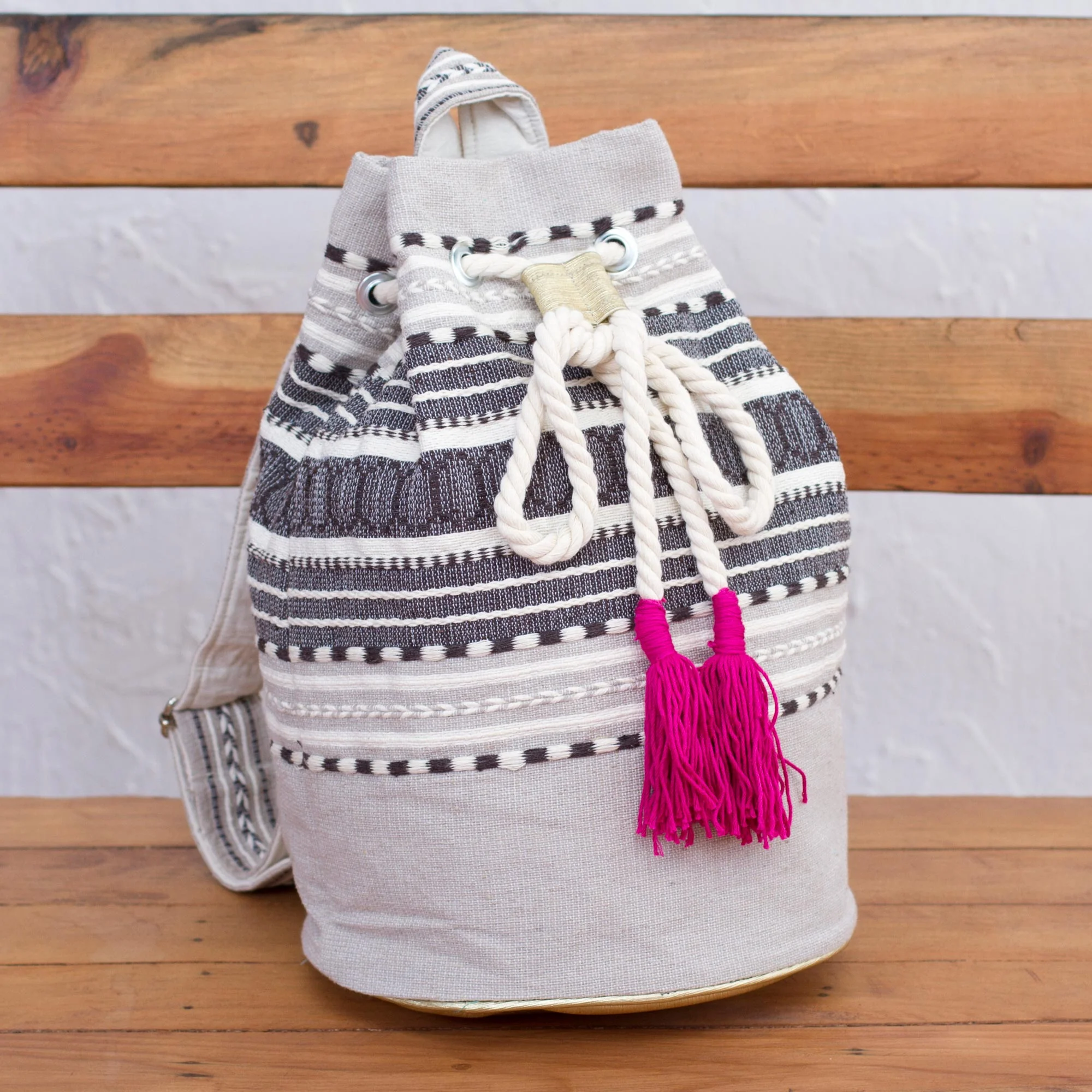 Day Trip Light Striped Drawstring Cotton Backpack Handcrafted in Mexico - Image 3