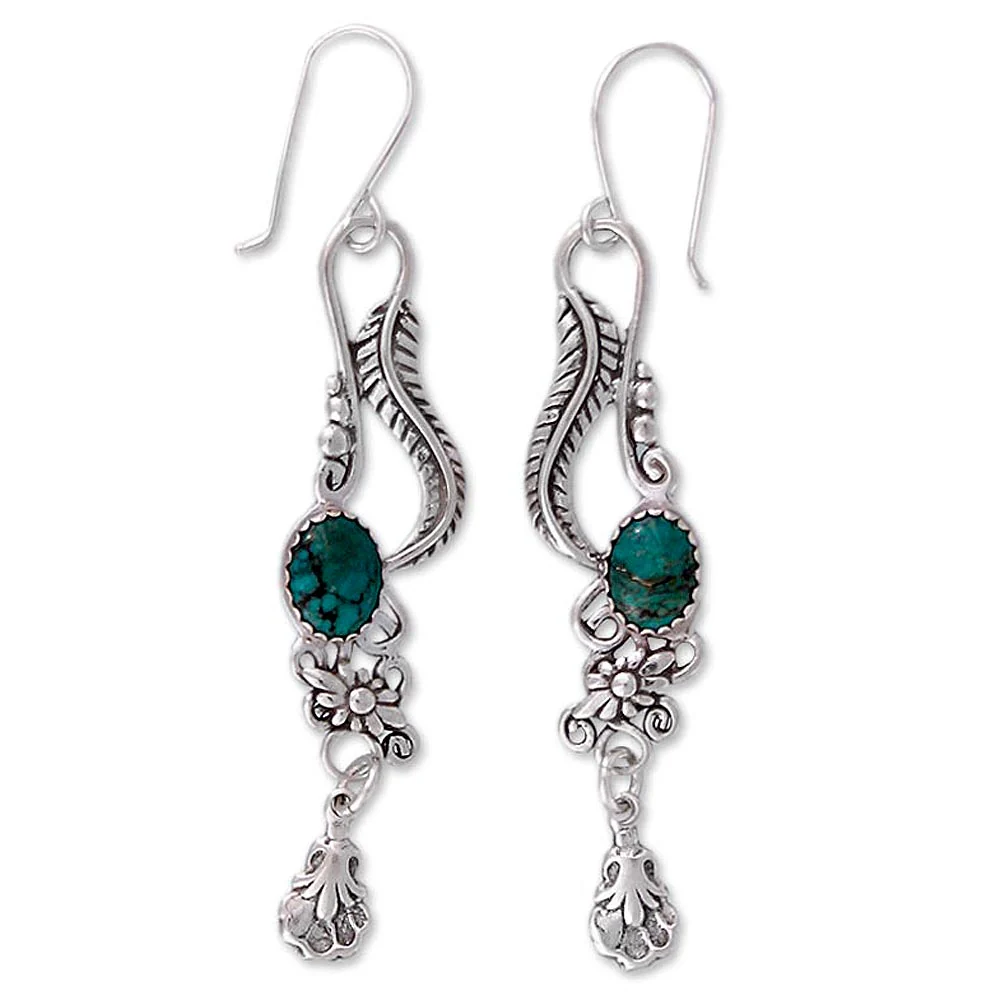 Daydream Turquoise & Silver Floral Leaf Scroll Earrings - Image 2