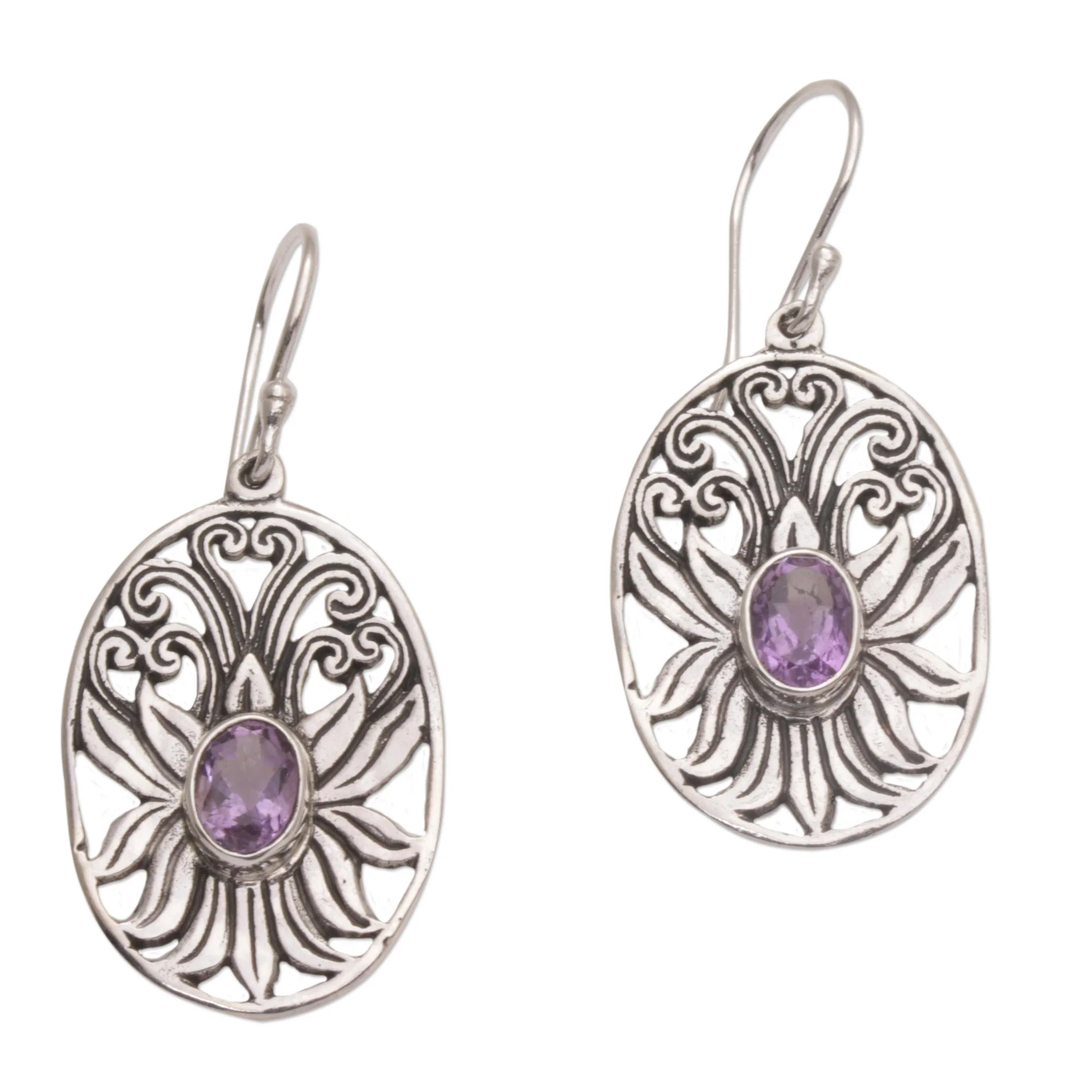Daylight Lotus Balinese Amethyst and Sterling Silver Lotus Dangle Earrings - Image 2