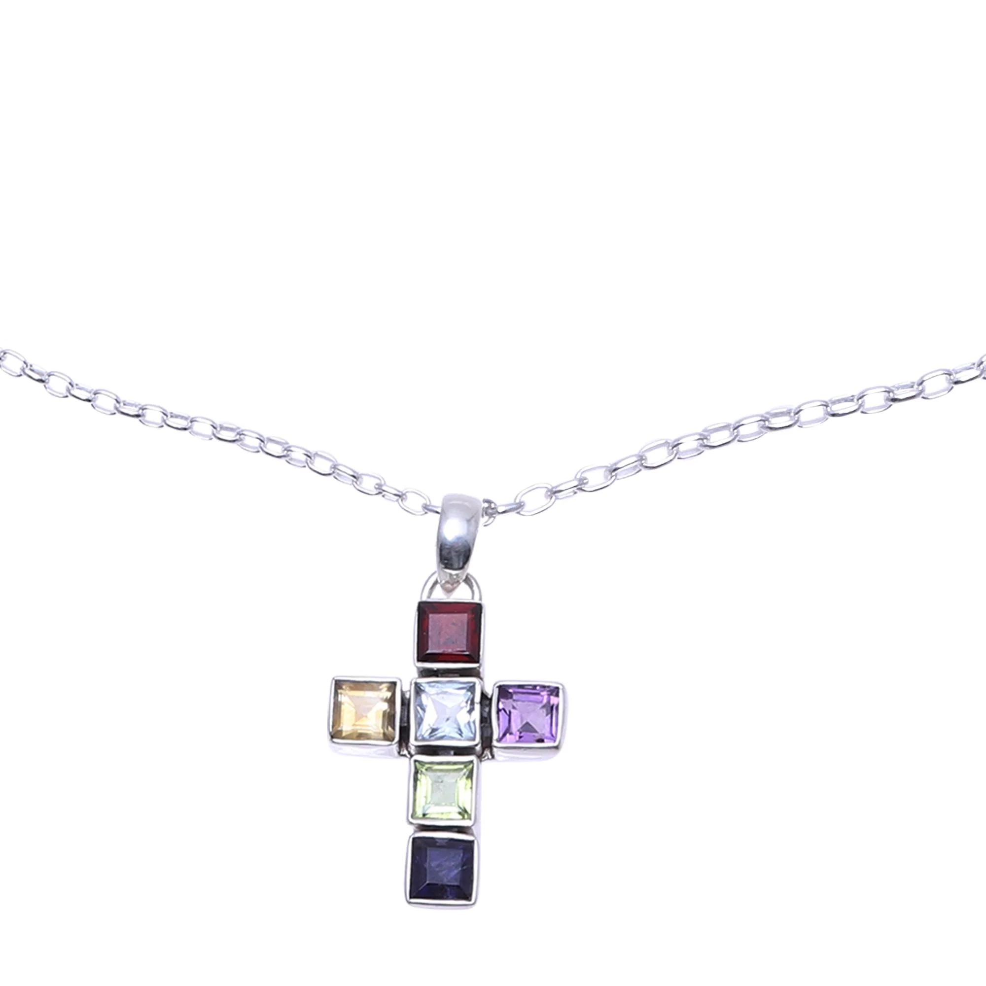 Dazzle with Faith Multi-Gemstone Cross Pendant Necklace from India - Image 2