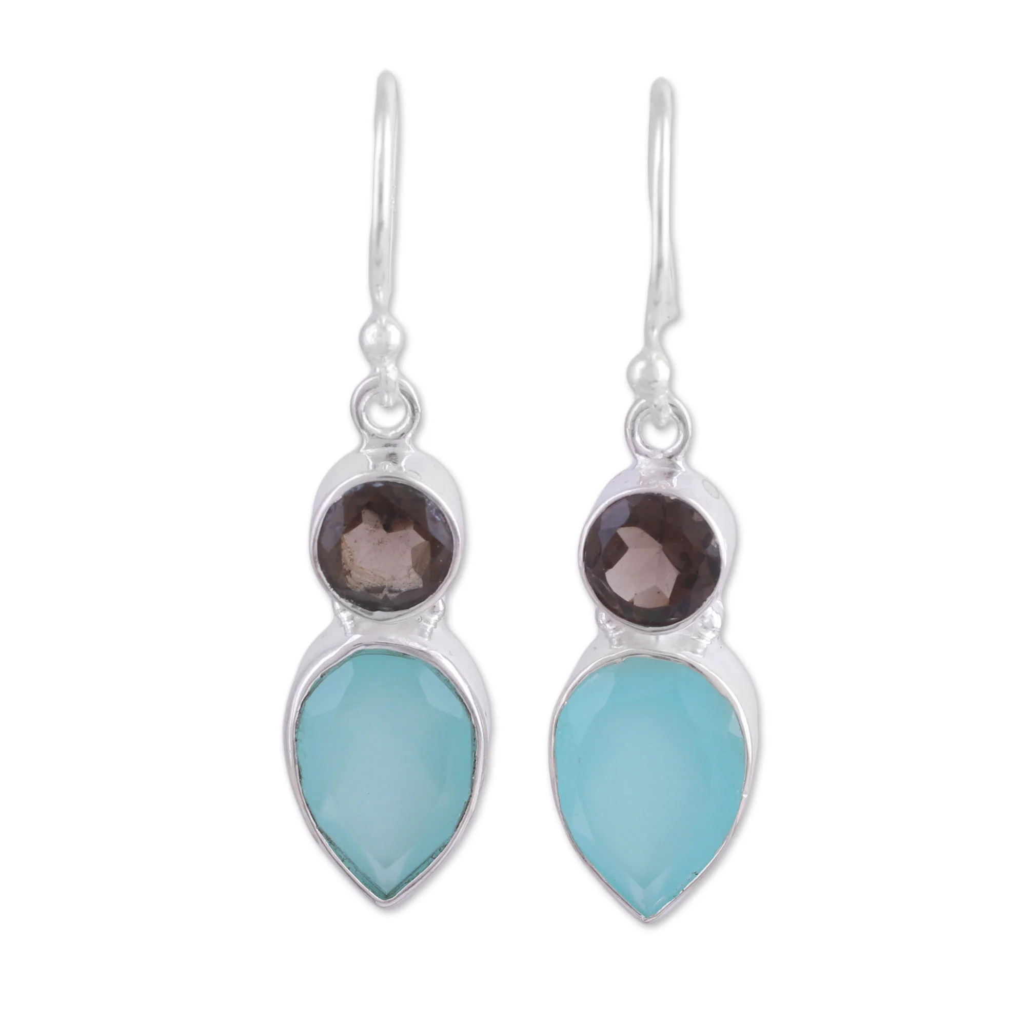 Dazzling Alliance Chalcedony and Smoky Quartz Dangle Earrings from India - Image 2