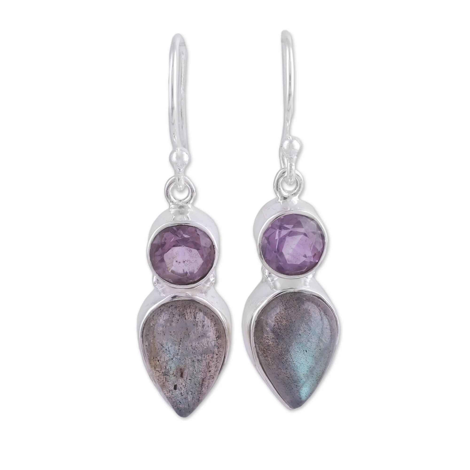 Dazzling Alliance Labradorite and Amethyst Dangle Earrings from India - Image 2