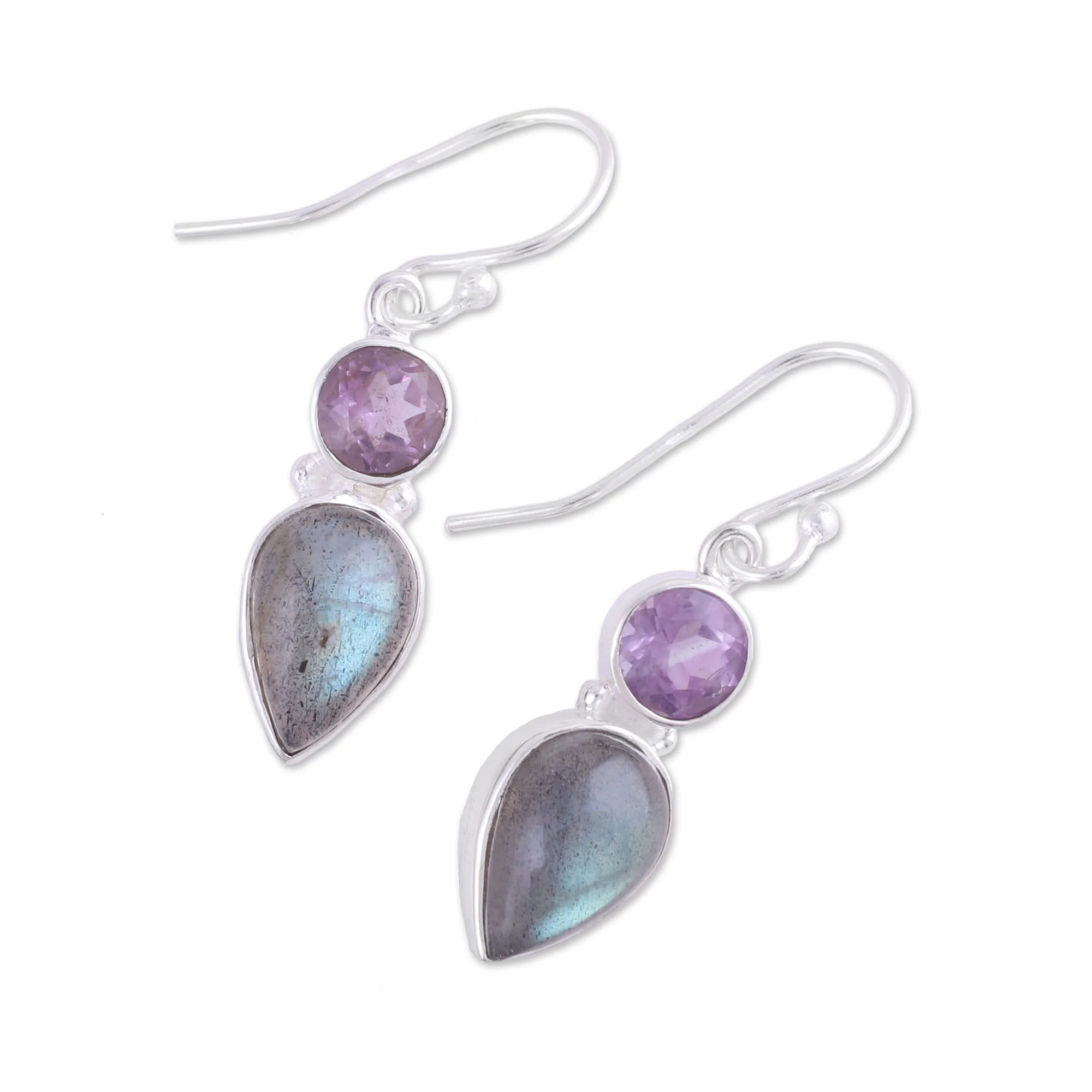 Dazzling Alliance Labradorite and Amethyst Dangle Earrings from India - Image 5