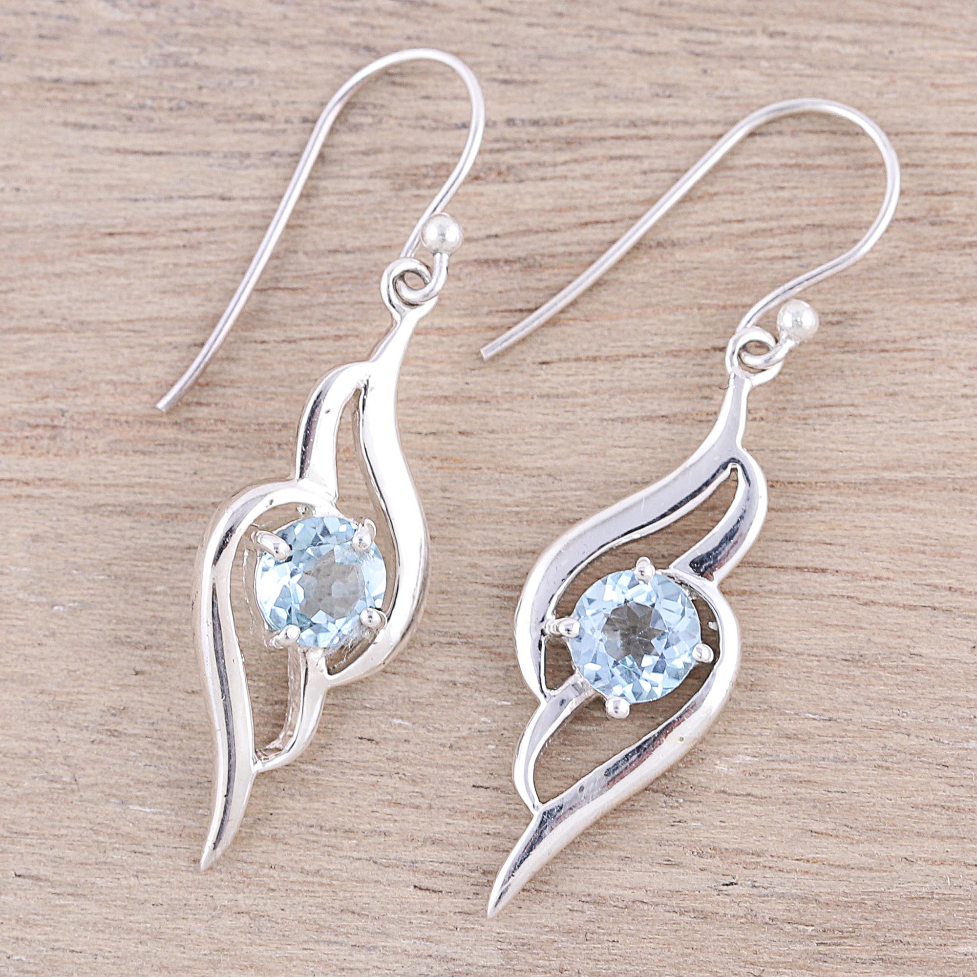 Dazzling Gleam Wave Motif Blue Topaz Dangle Earrings from India - Image 3