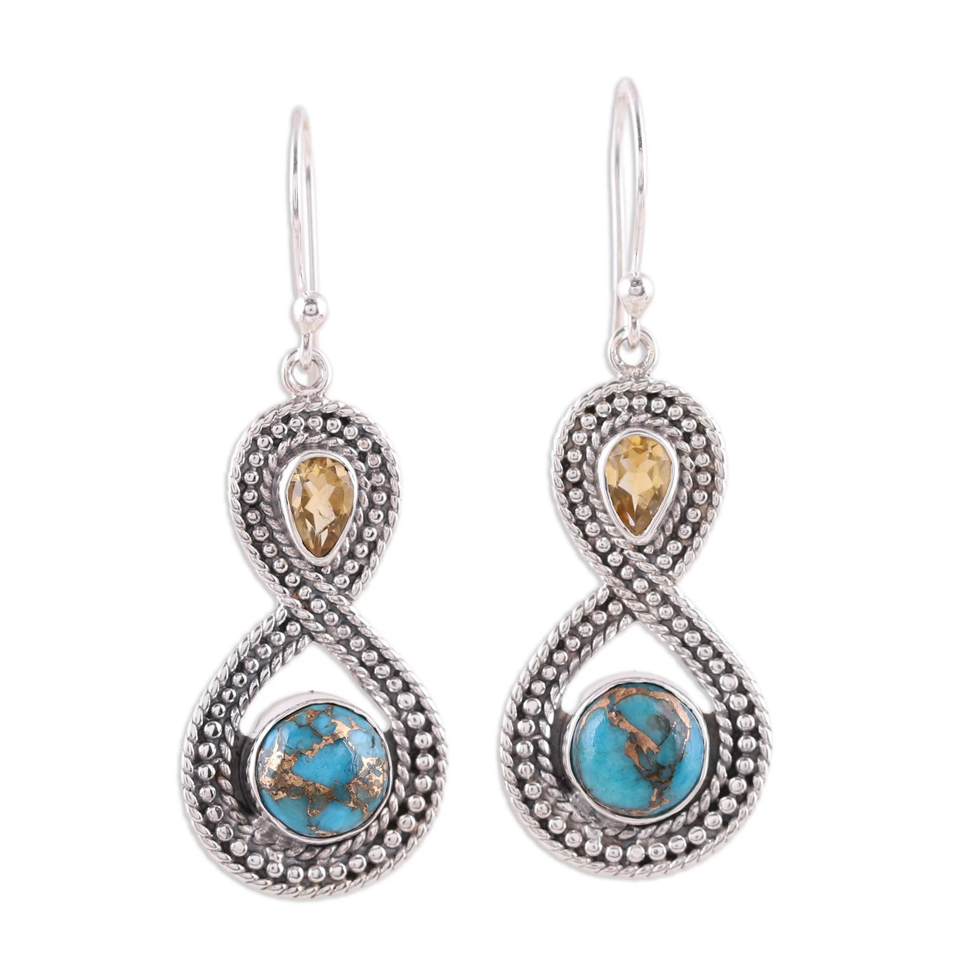 Dazzling Infinity Indian Citrine and Composite Turquoise Dangle Earrings - Image 2