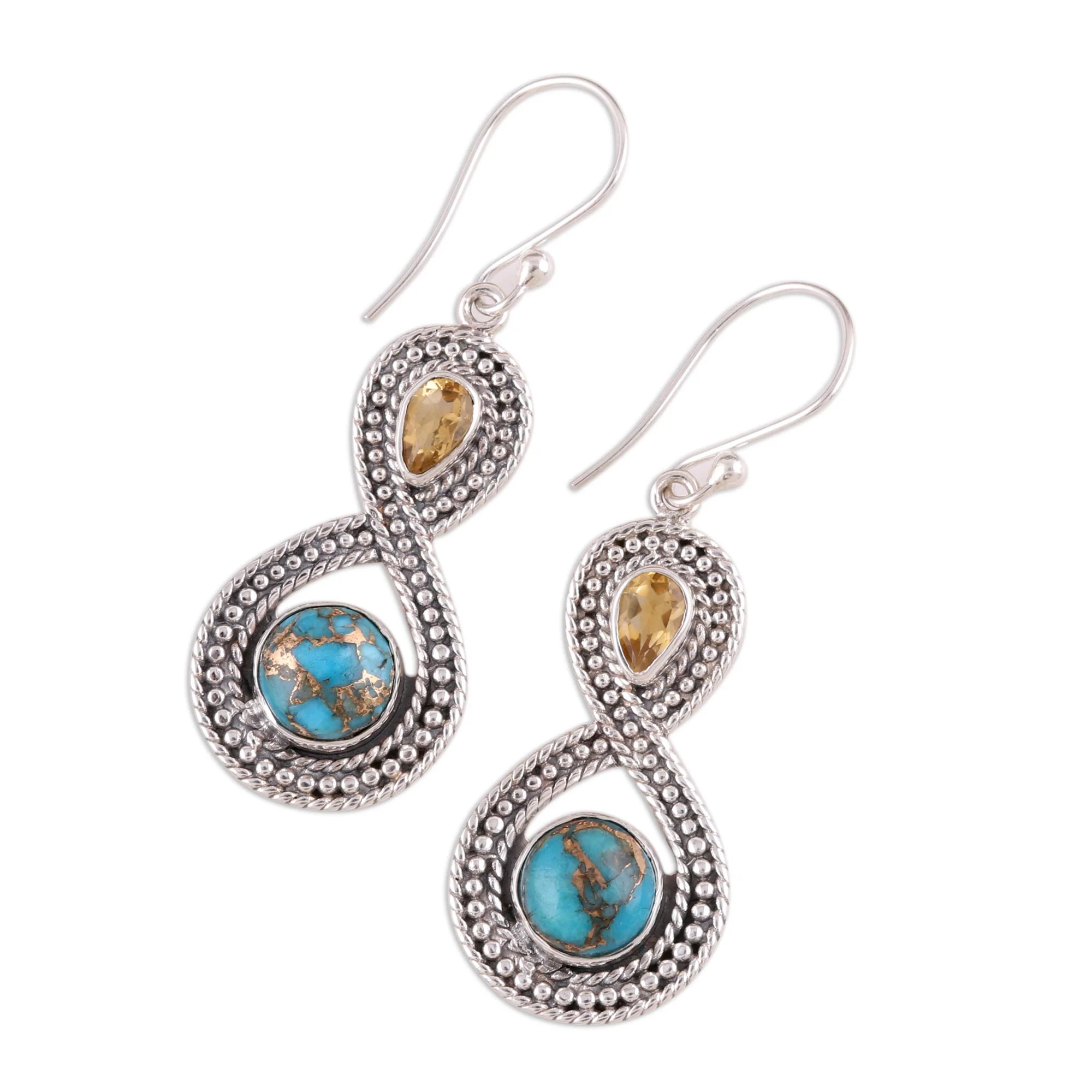 Dazzling Infinity Indian Citrine and Composite Turquoise Dangle Earrings - Image 4