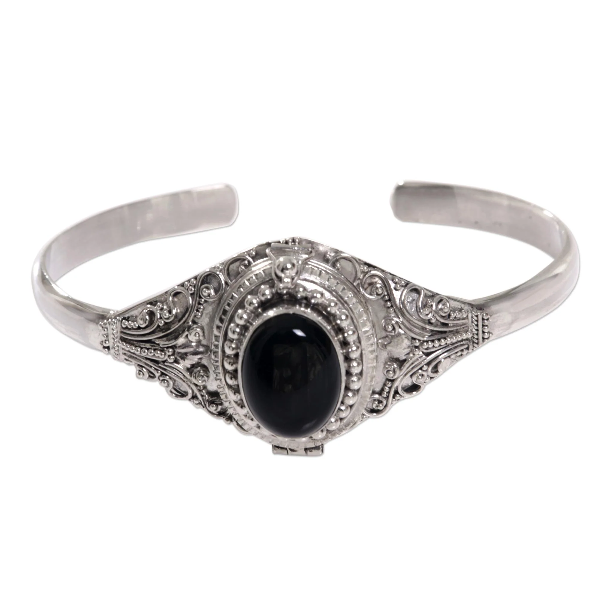 Deep Gaze Onyx and Sterling Silver Cuff Locket Bracelet Indonesia - Image 2