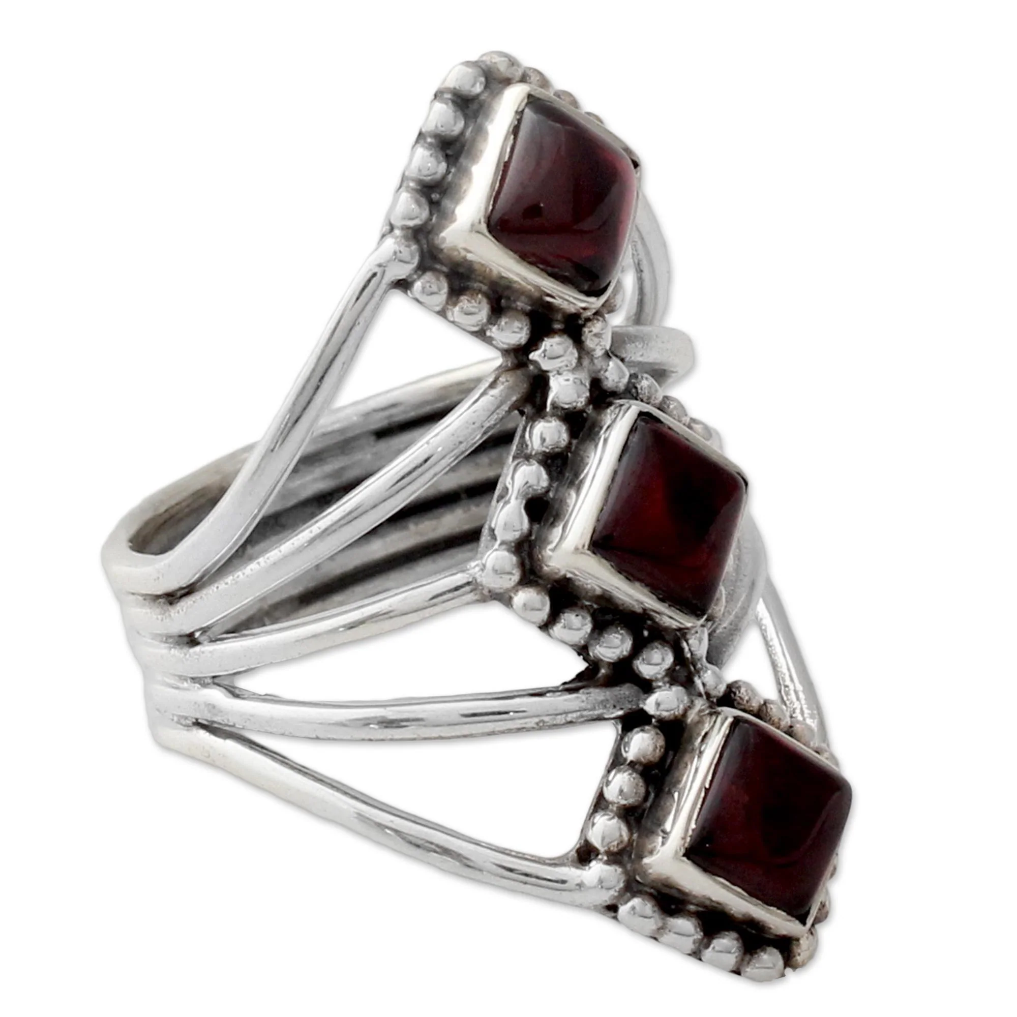 Deep Red Diamonds Red Garnet Artisan Crafted Indian Silver Cocktail Ring - Image 3