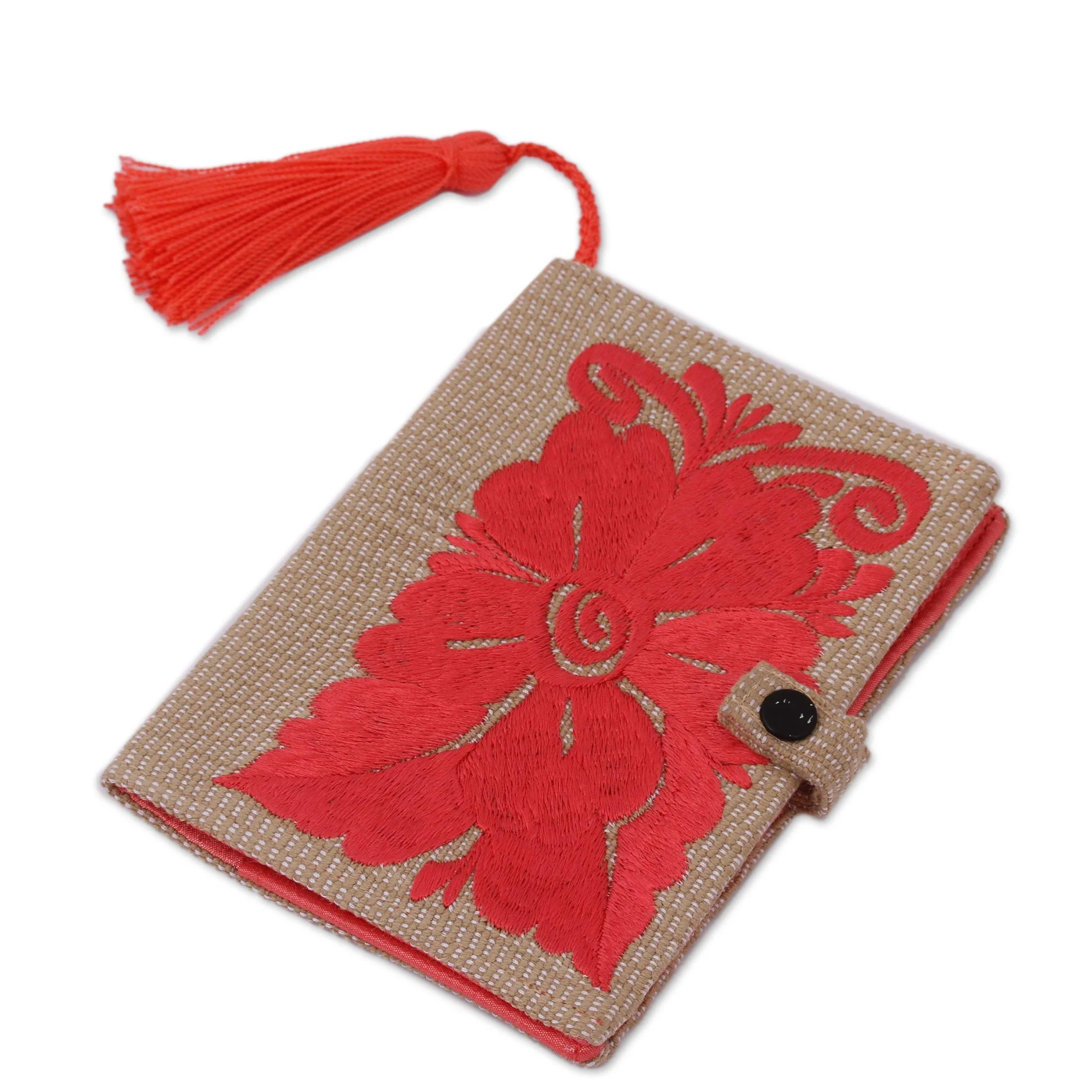 Deep Rose Floral Embroidered Cotton Passport Wallet in Deep Rose - Image 2