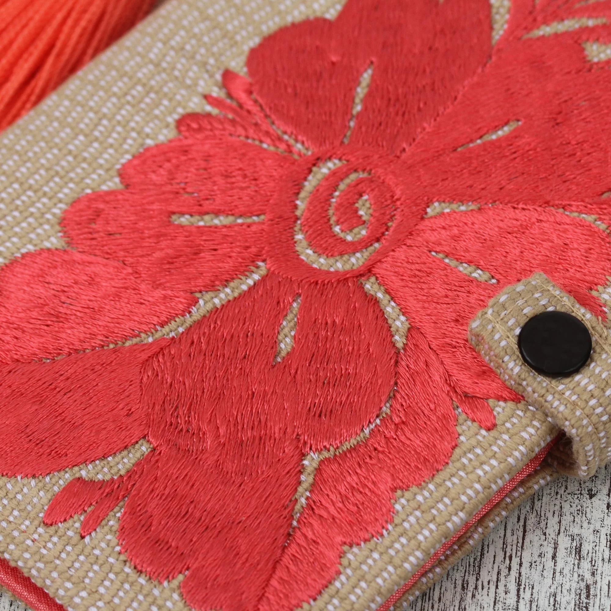 Deep Rose Floral Embroidered Cotton Passport Wallet in Deep Rose - Image 3