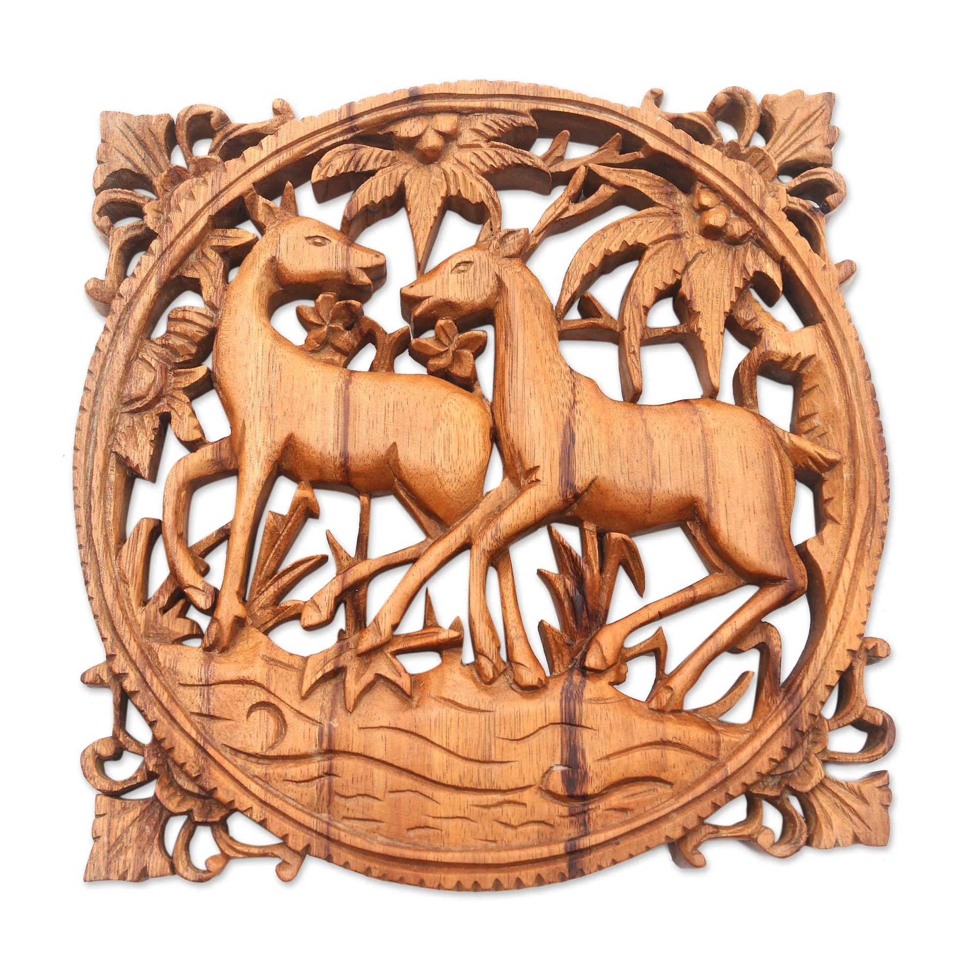 Deer Romance Deer-Themed Suar Wood Relief Panel from Bali - Image 2