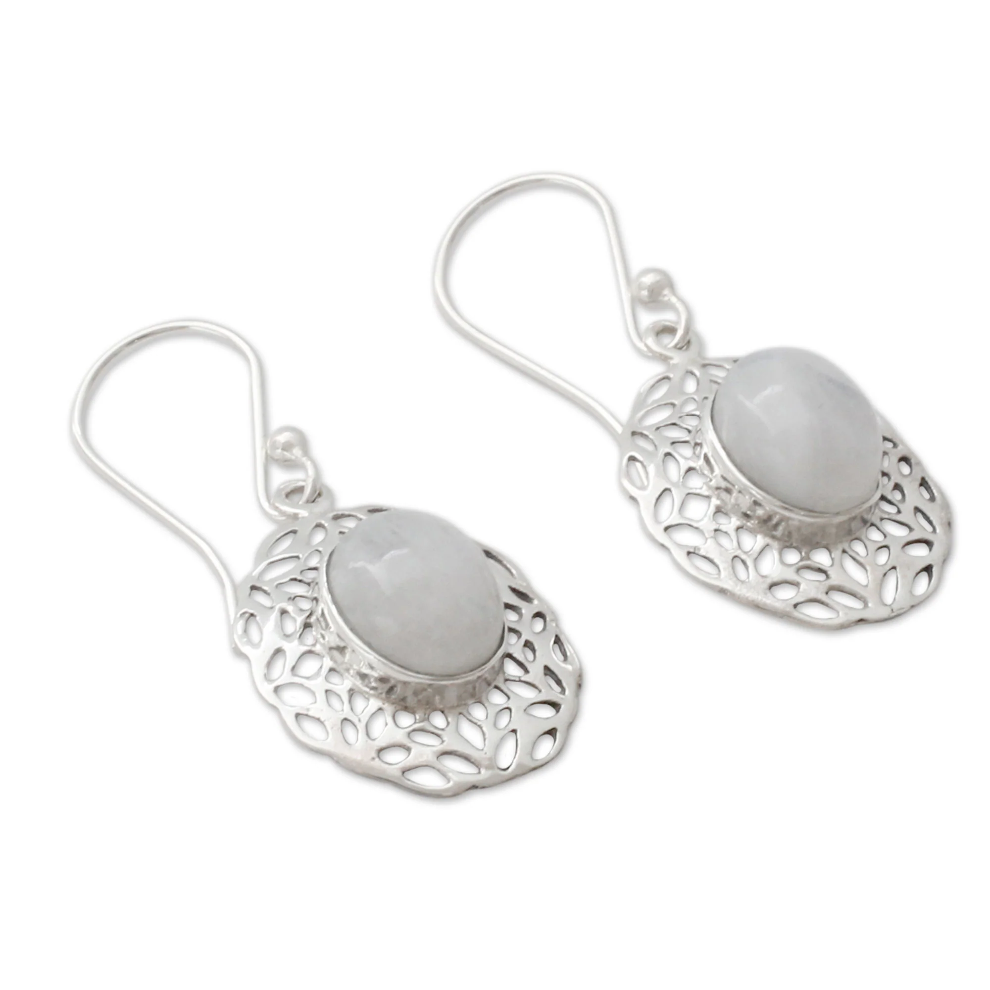 Delhi Dewdrop Handcrafted Rainbow Moonstone Earrings with Silver Halos - Image 3