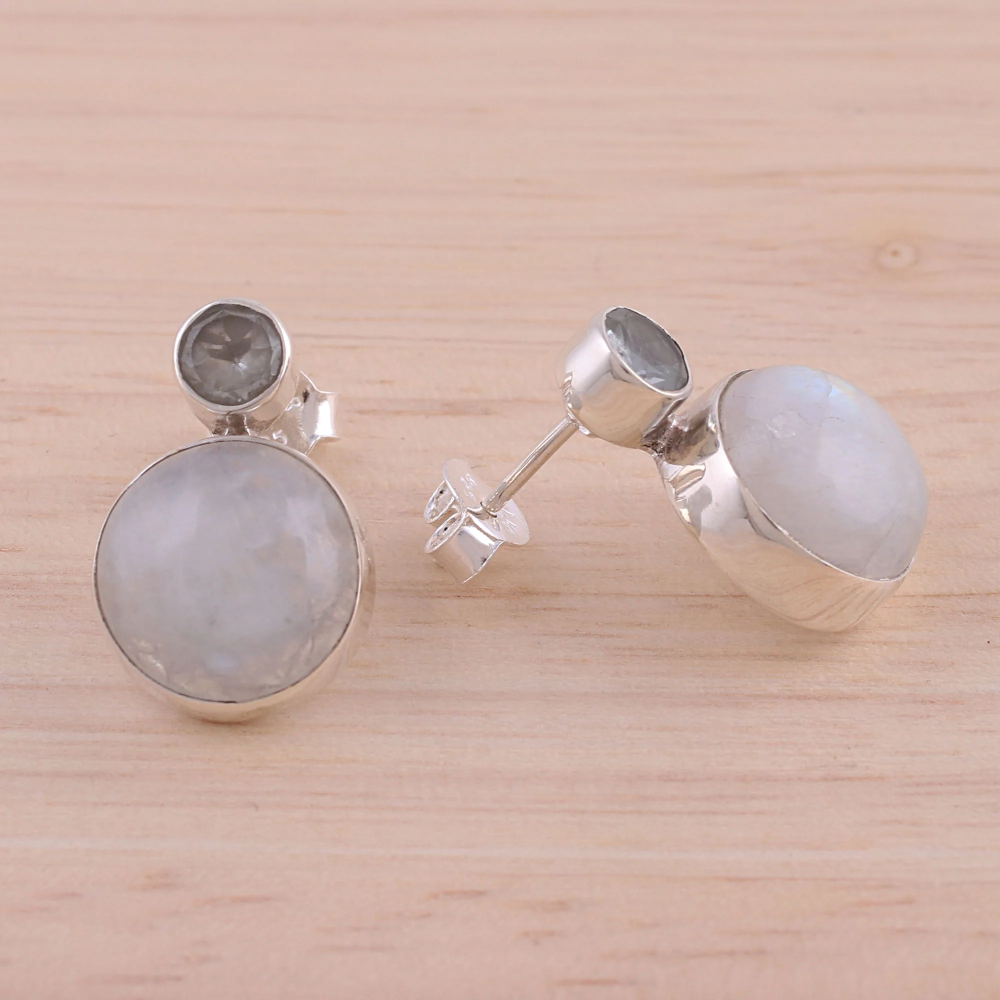 Delhi Diva Rainbow Moonstone and Blue Topaz Drop Earrings from India - Image 3