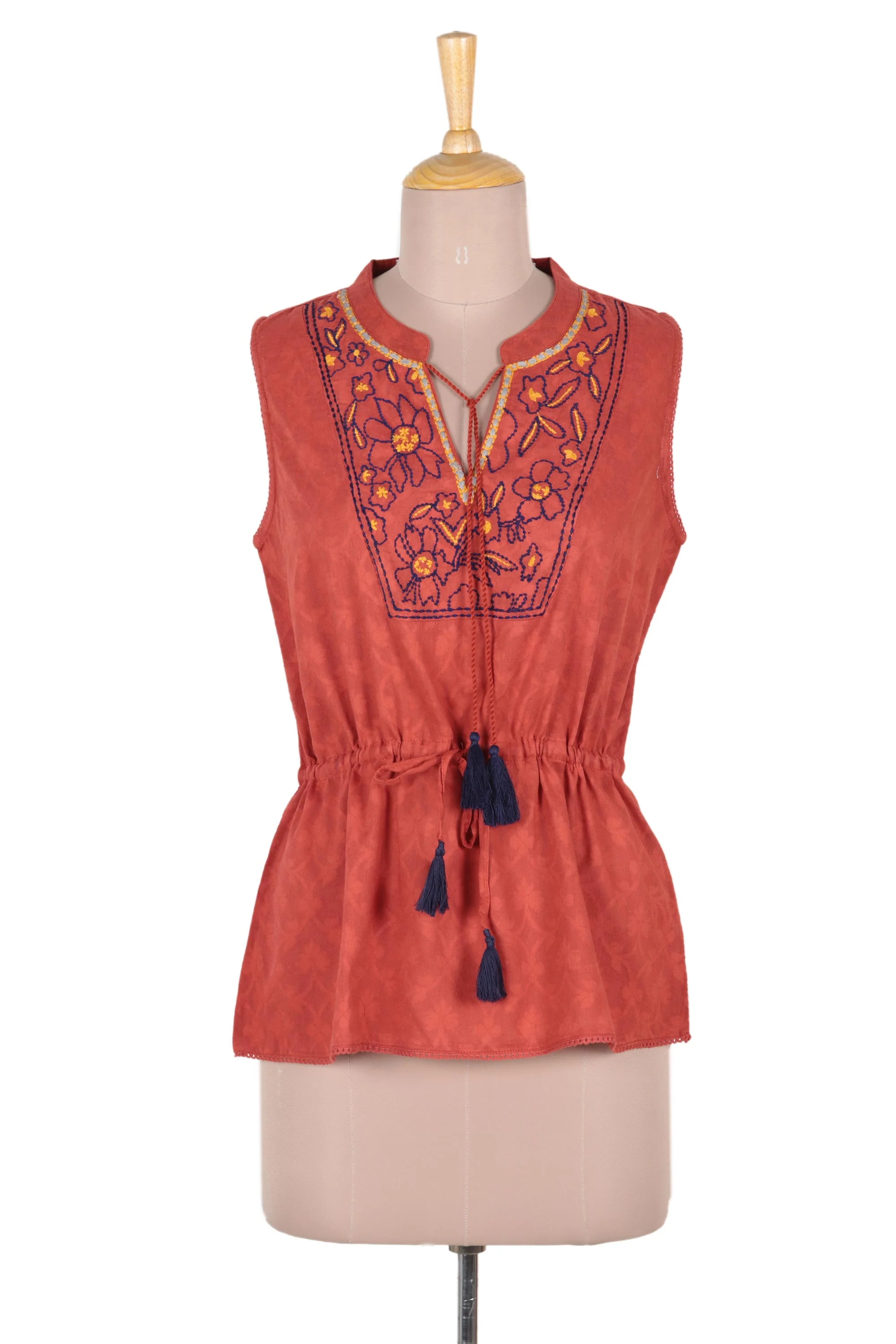 Delhi Spring in Russet Floral Embroidered Cotton Blouse in Paprika from India - Image 2